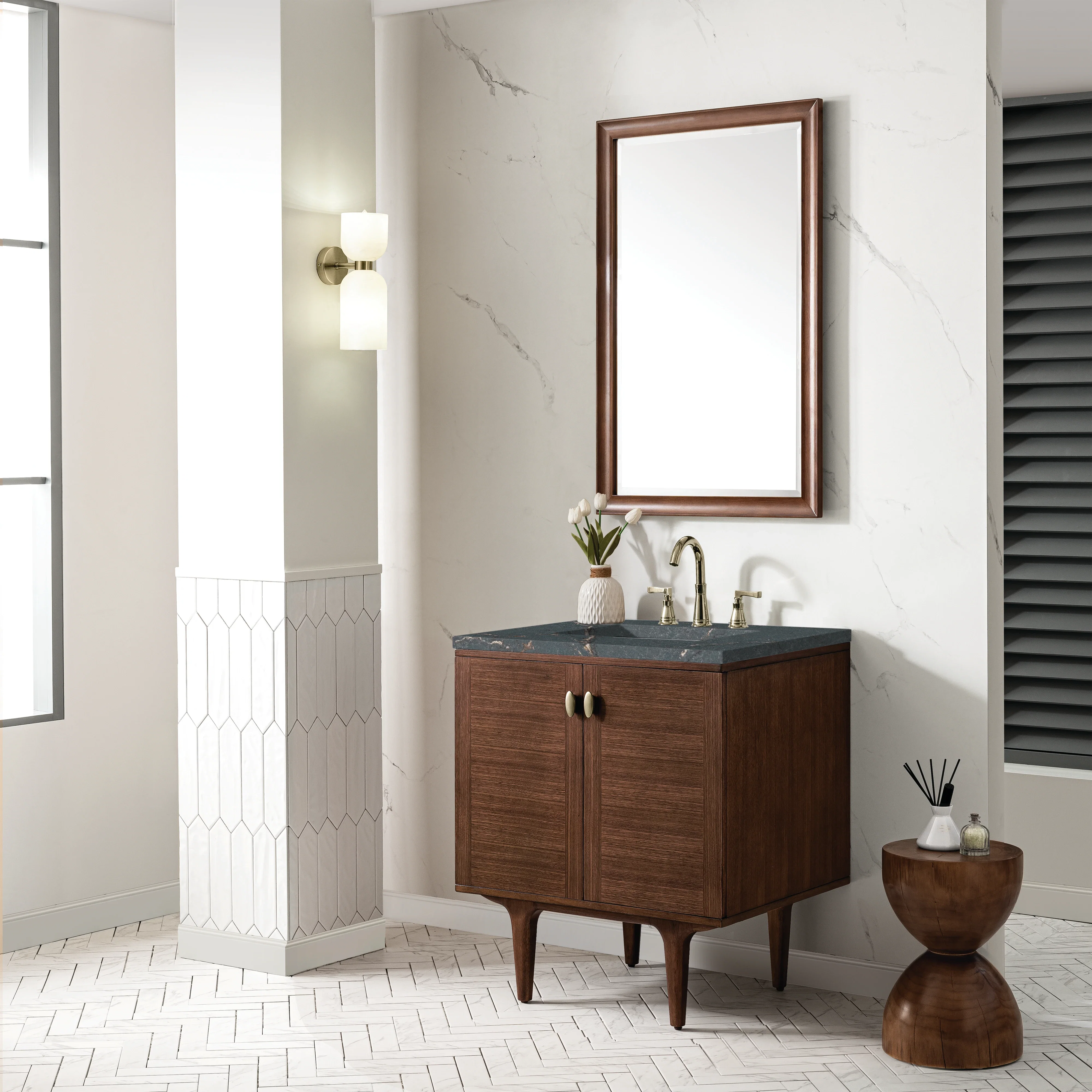 Amberly 30" Single Vanity, Mid-Century Walnut w/ 3 CM Parisien Bleu Top