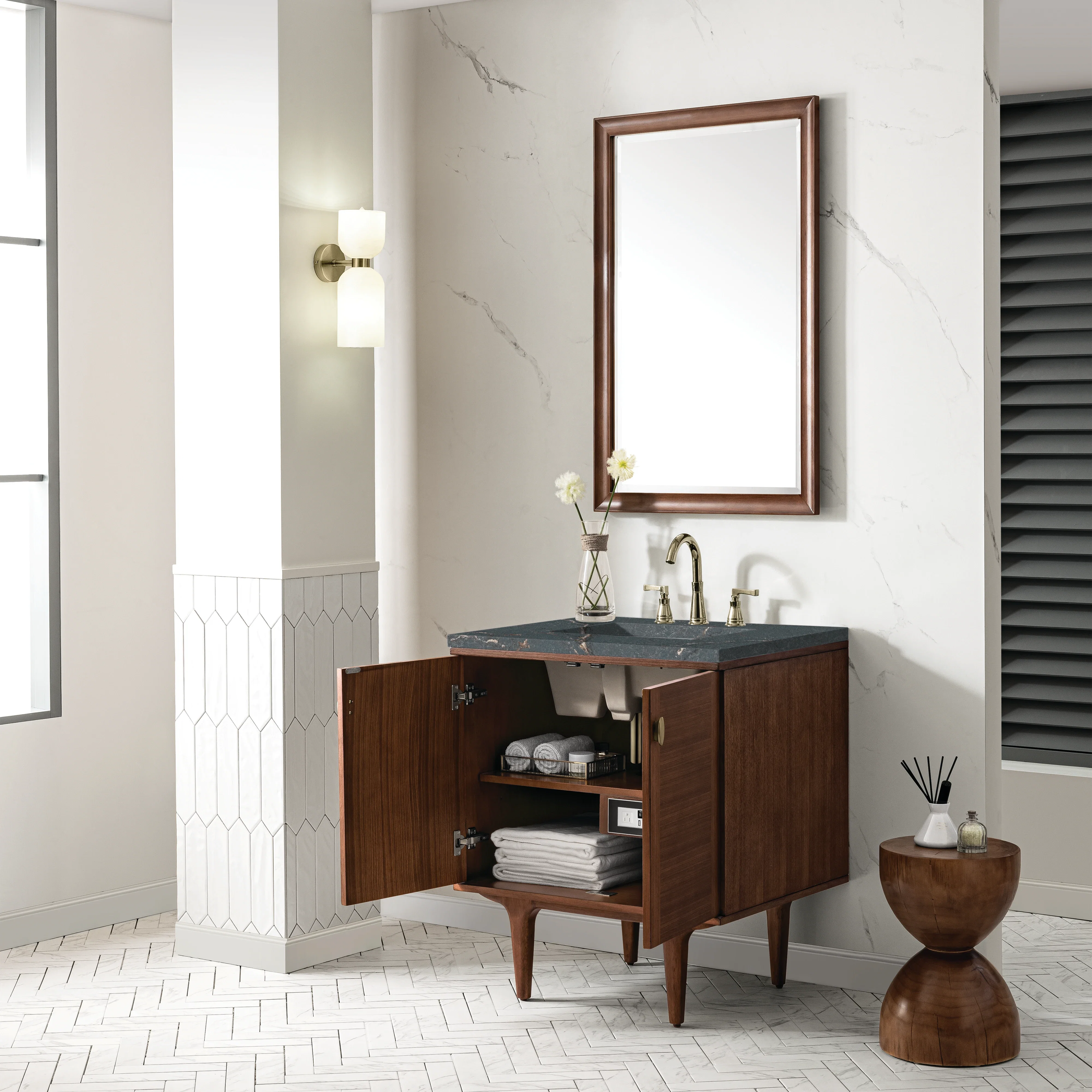 Amberly 30" Single Vanity, Mid-Century Walnut w/ 3 CM Parisien Bleu Top