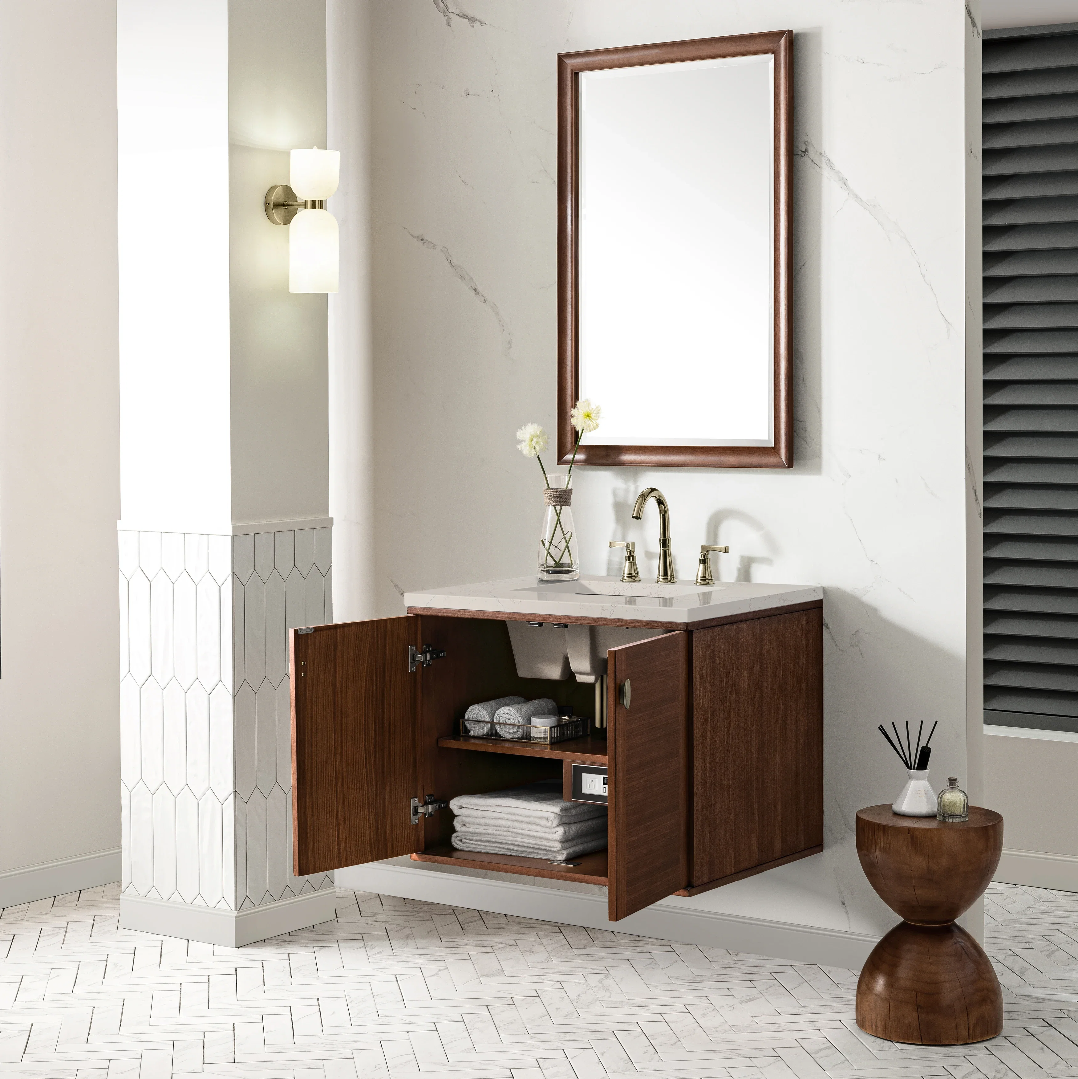 Amberly 30" Single Vanity, Mid-Century Walnut, w/ 3 CM Siberian Silestone Top