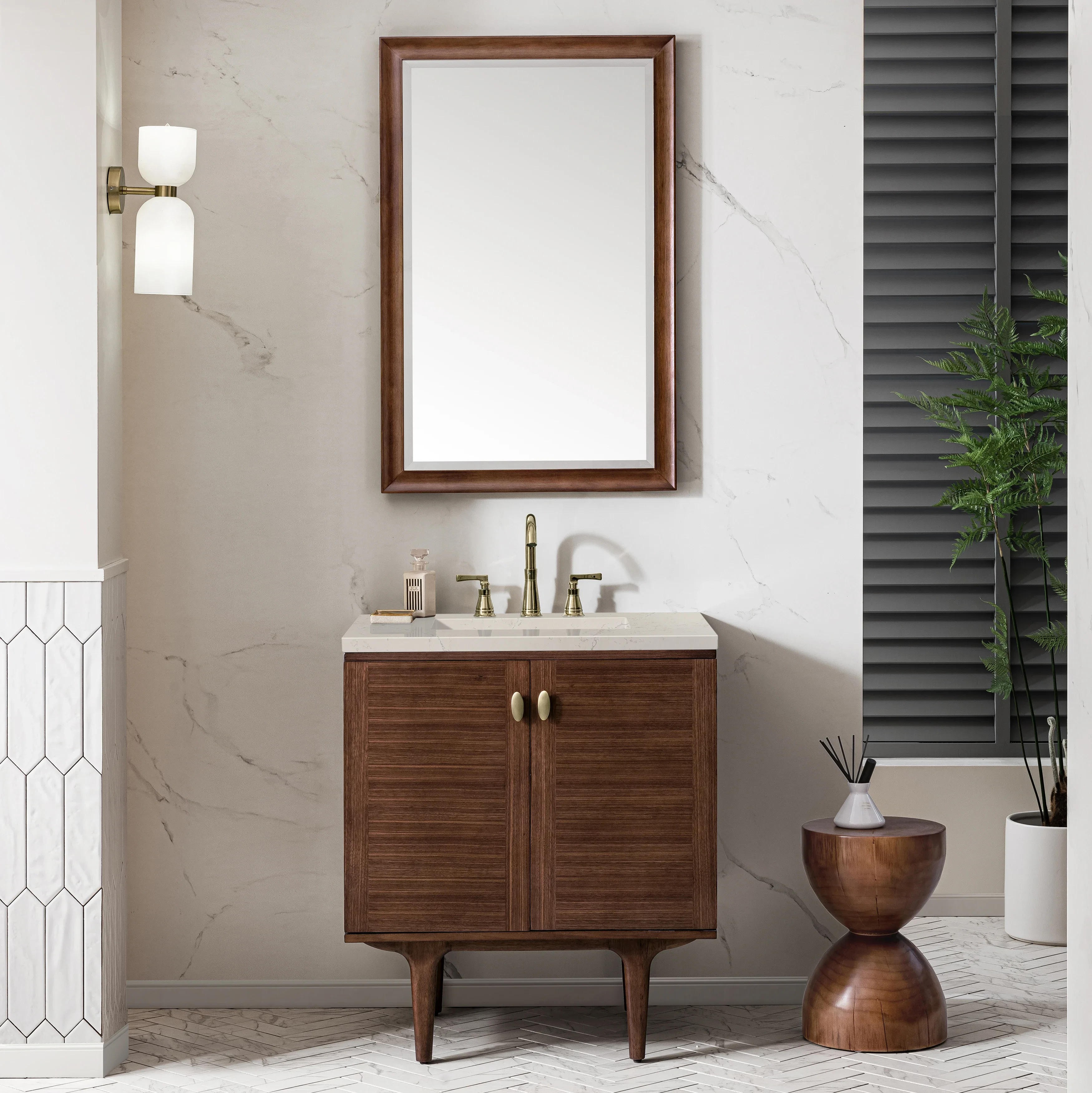 Amberly 30" Single Vanity, Mid-Century Walnut, w/ 3 CM Siberian Silestone Top