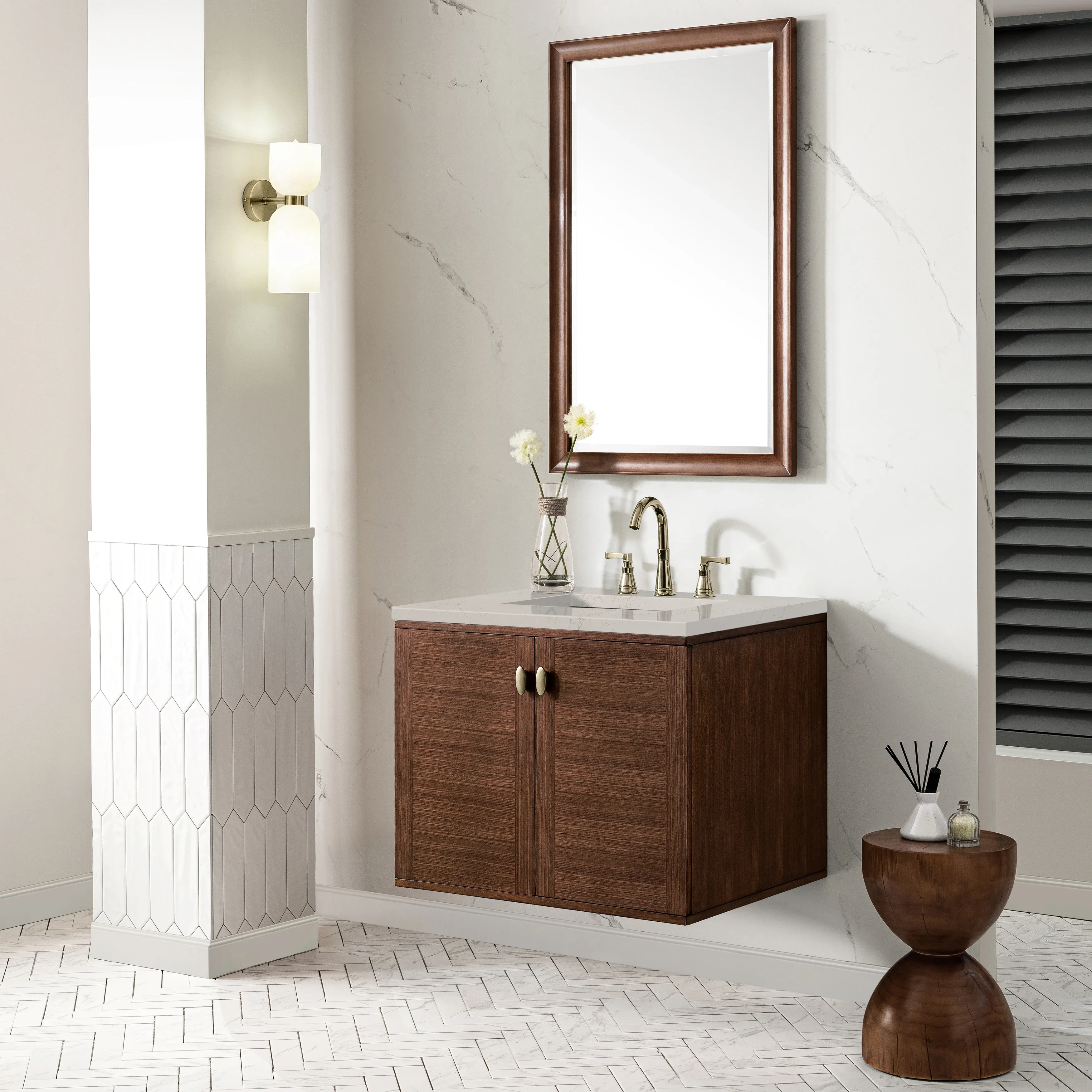Amberly 30" Single Vanity, Mid-Century Walnut, w/ 3 CM Siberian Silestone Top