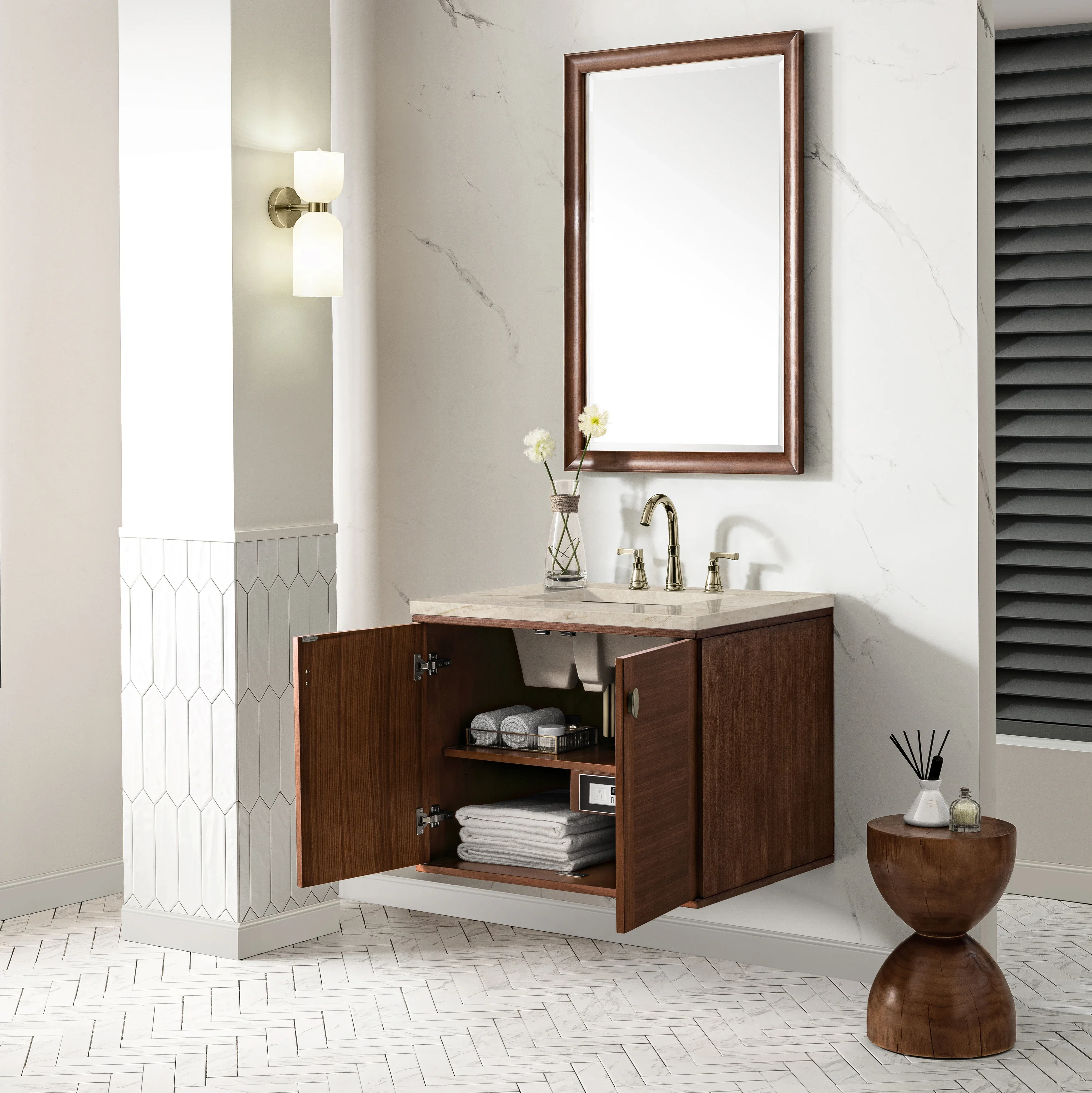 Amberly 30" Single Vanity, Mid-Century Walnut, w/ 3 CM Tajnar Eclos Top