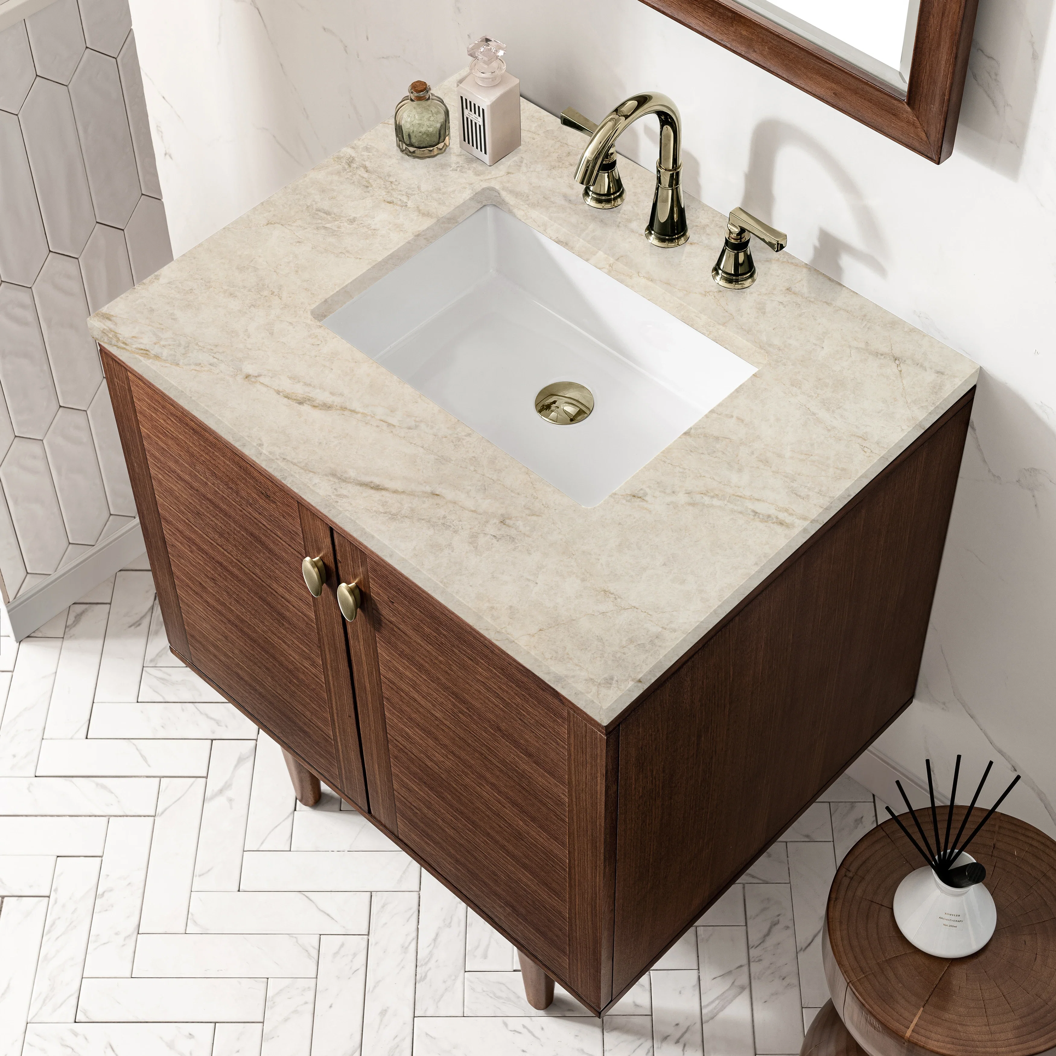 Amberly 30" Single Vanity, Mid-Century Walnut, w/ 3 CM Tajnar Eclos Top