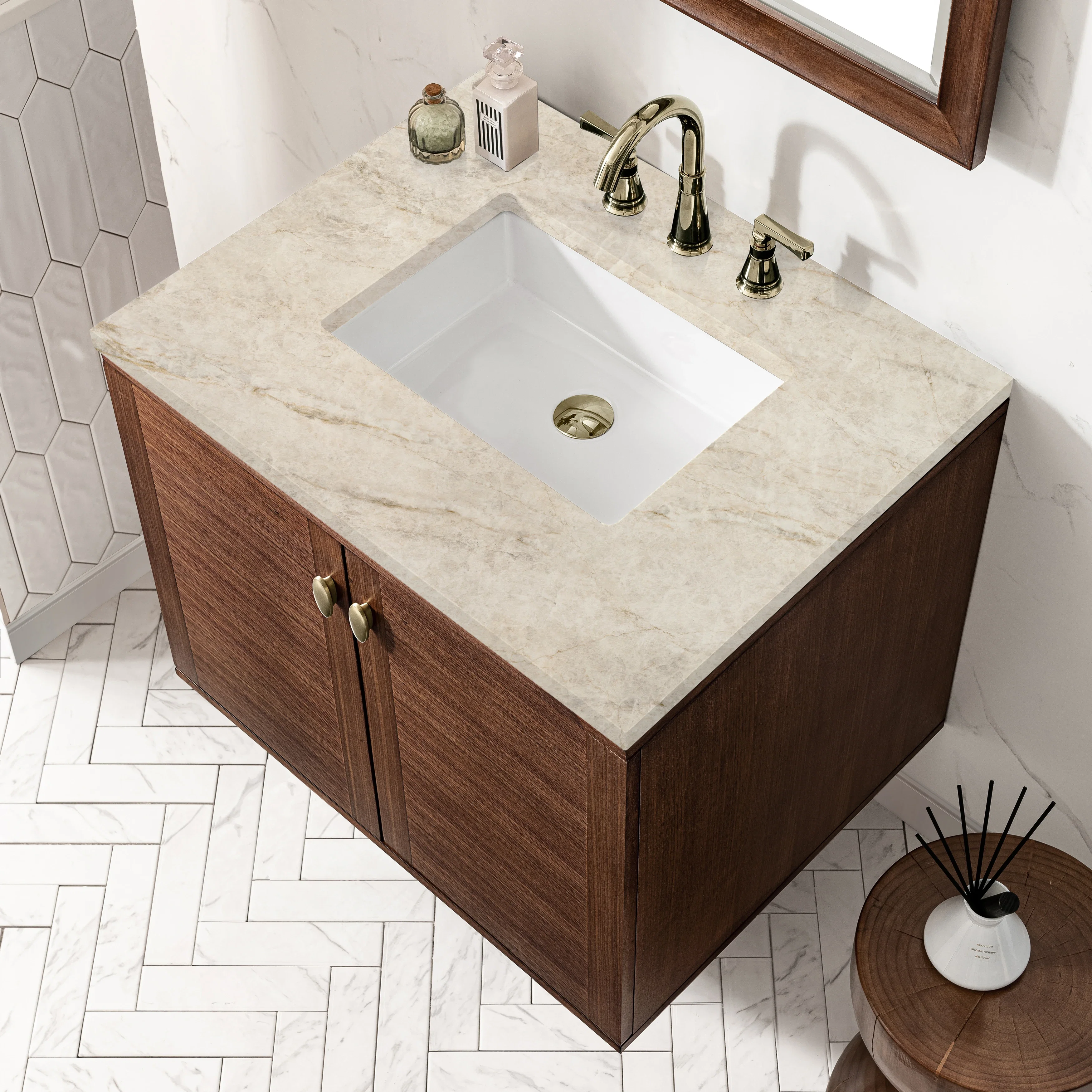 Amberly 30" Single Vanity, Mid-Century Walnut, w/ 3 CM Tajnar Eclos Top