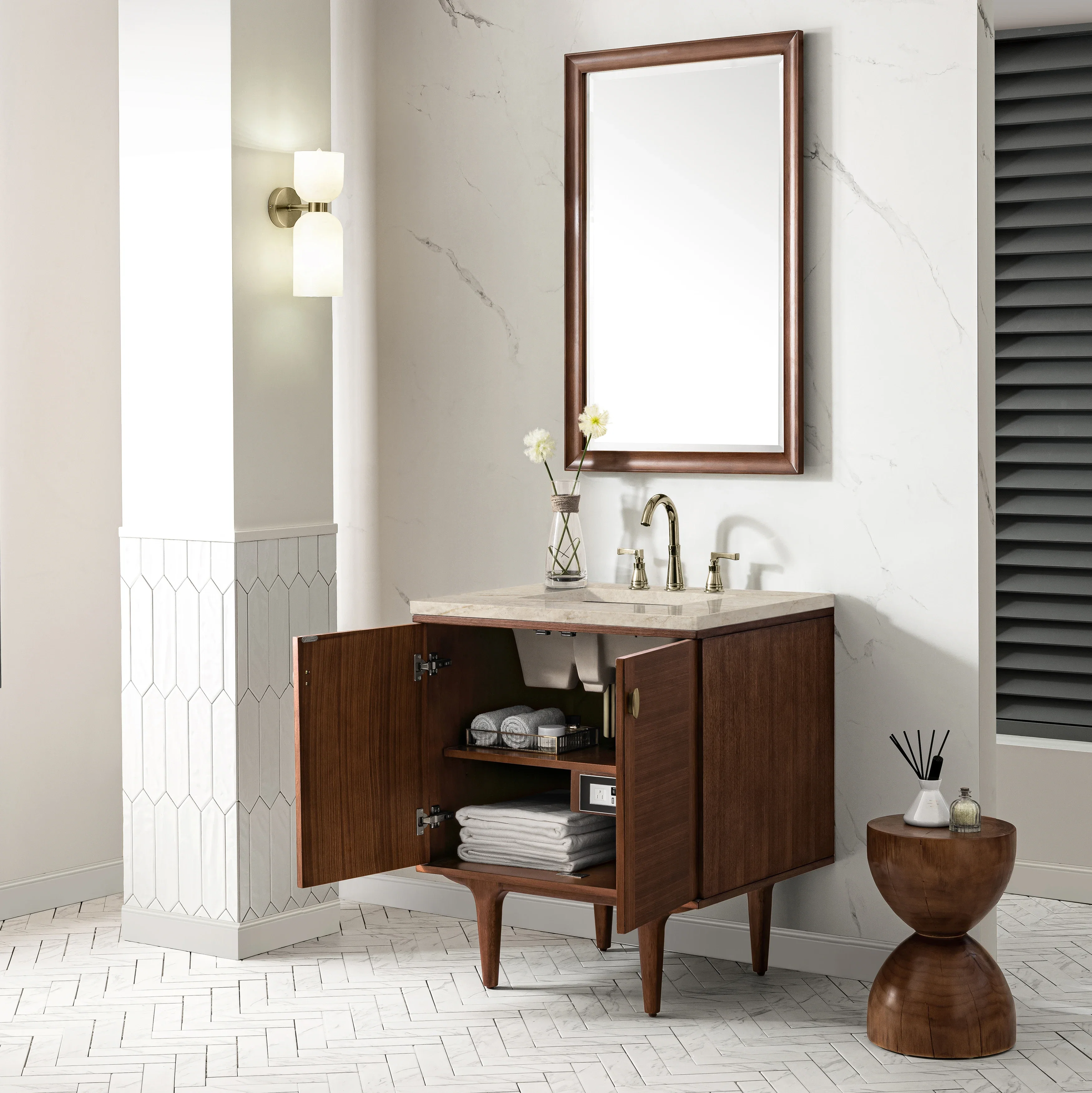 Amberly 30" Single Vanity, Mid-Century Walnut, w/ 3 CM Tajnar Eclos Top