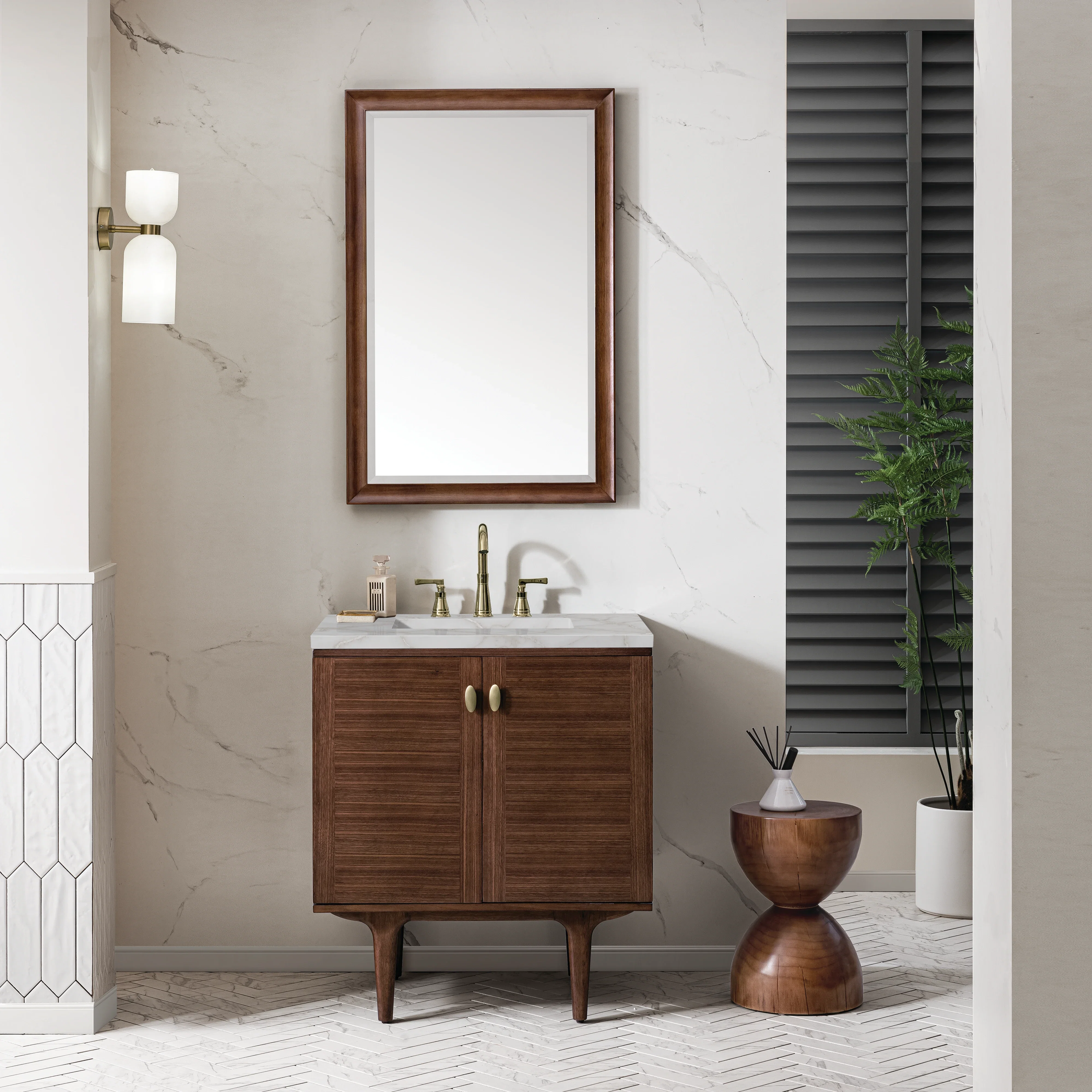 Amberly 30" Single Vanity, Mid-Century Walnut w/ 3 CM Victorian Silver Top