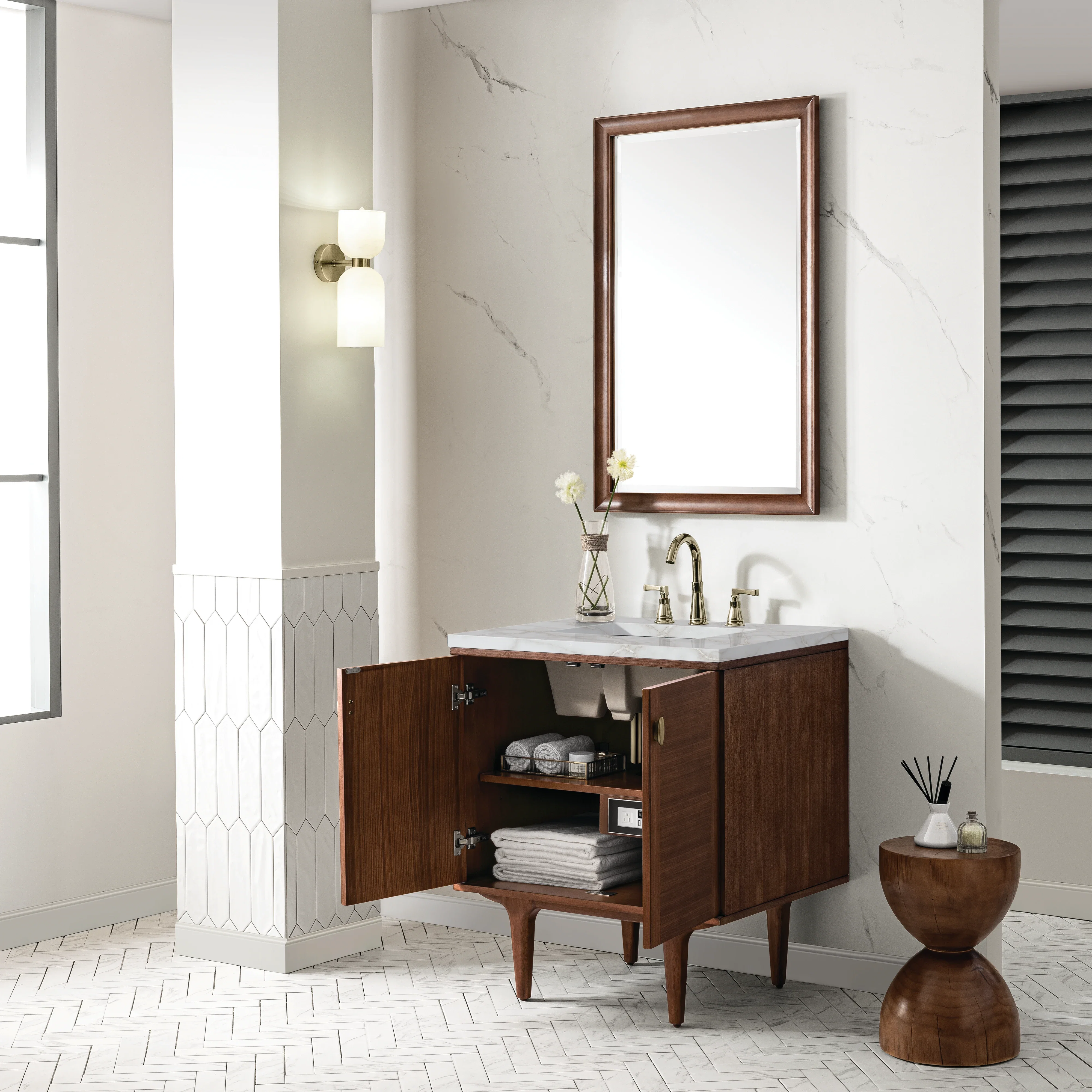 Amberly 30" Single Vanity, Mid-Century Walnut w/ 3 CM Victorian Silver Top