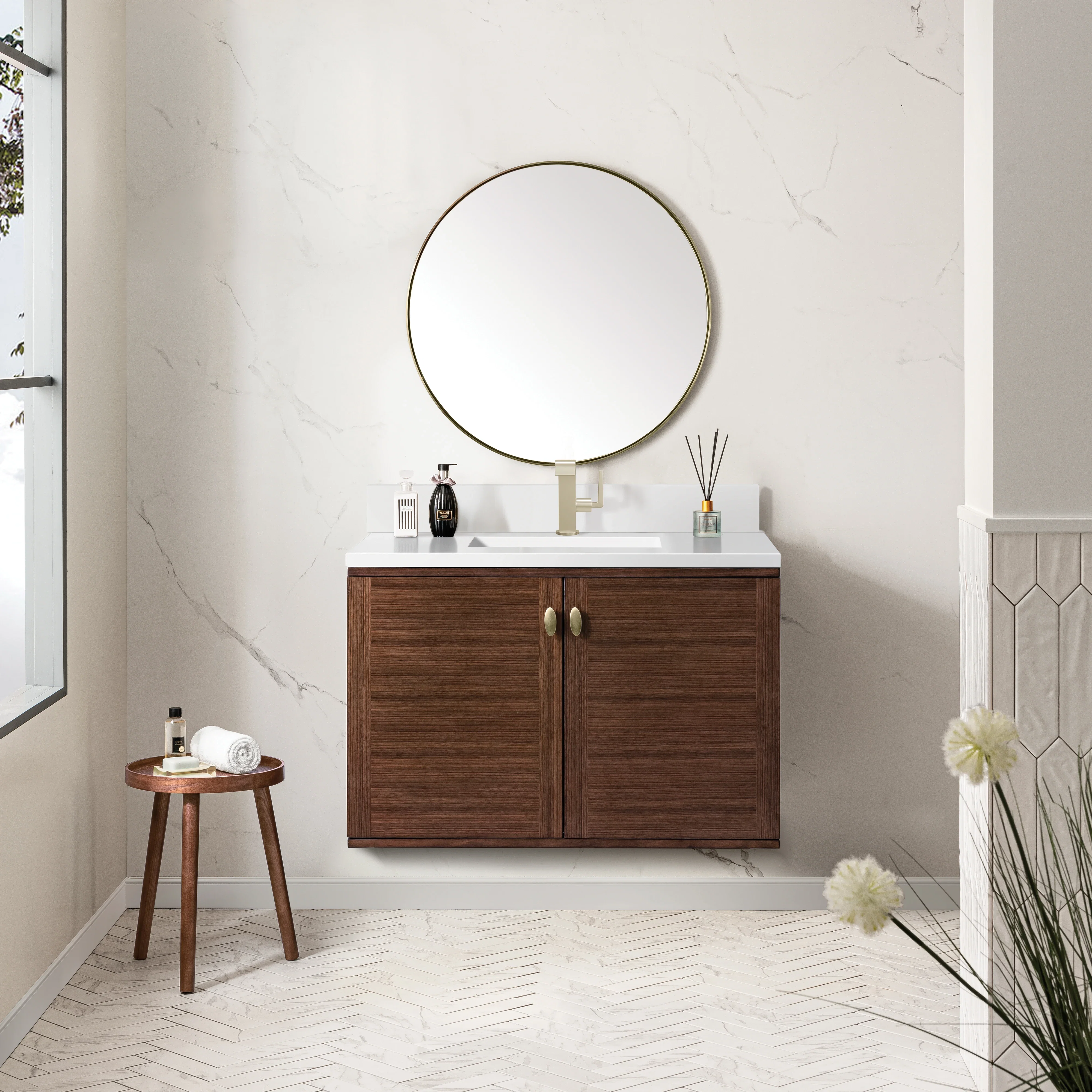 Amberly 36" Single Vanity, Mid-Century Walnut w/ Single Hole 3 CM White Zeus Top & Backsplash