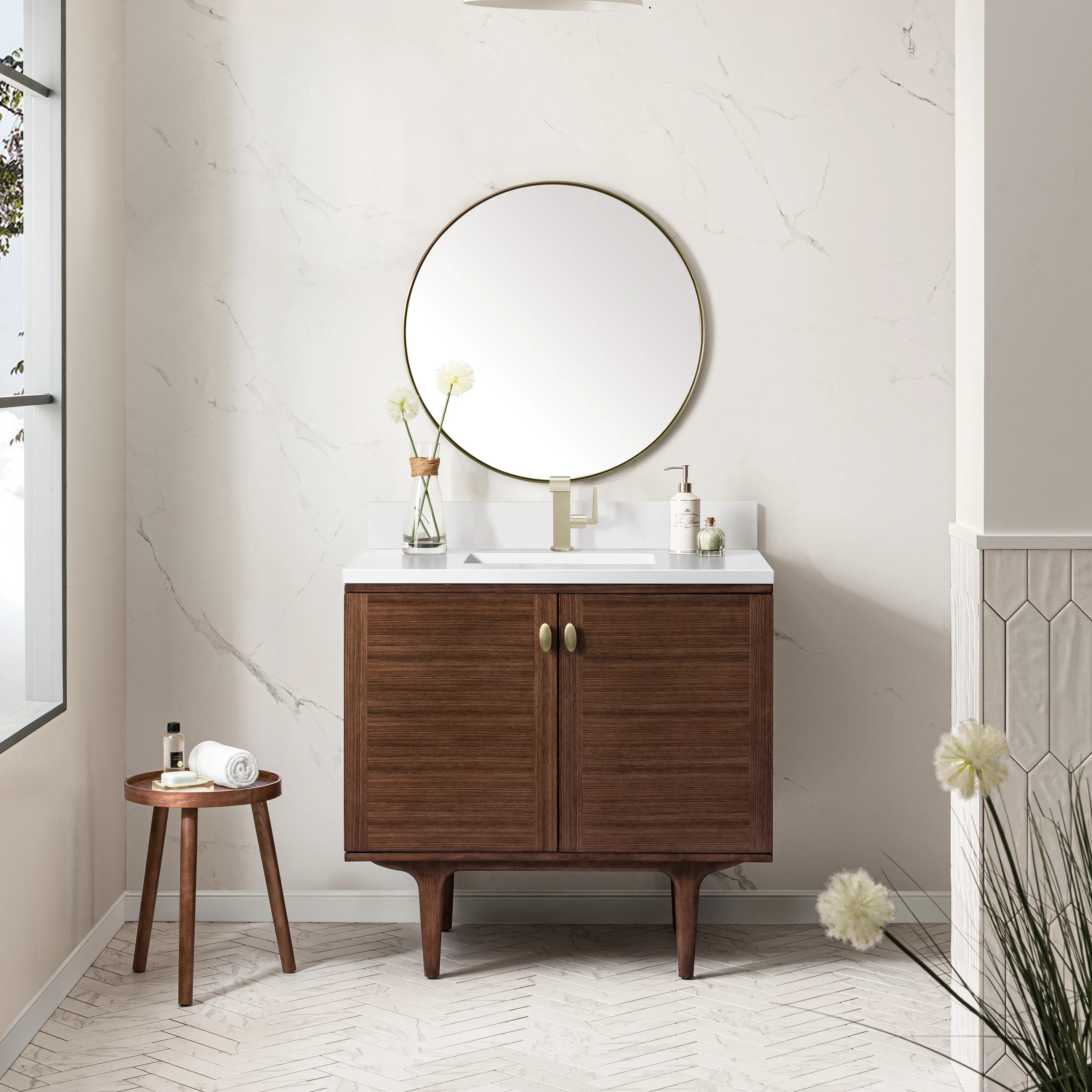 Amberly 36" Single Vanity, Mid-Century Walnut w/ Single Hole 3 CM White Zeus Top & Backsplash