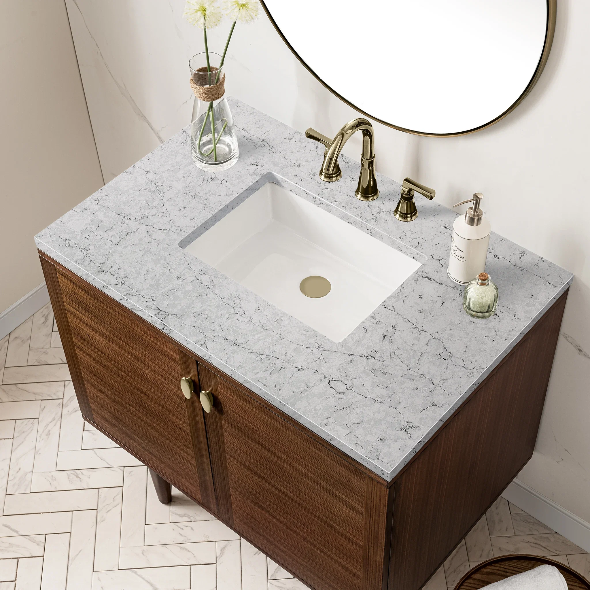 Amberly 36" Single Vanity, Mid-Century Walnut w/ 3 CM Eternal Jasmine Pearl Top