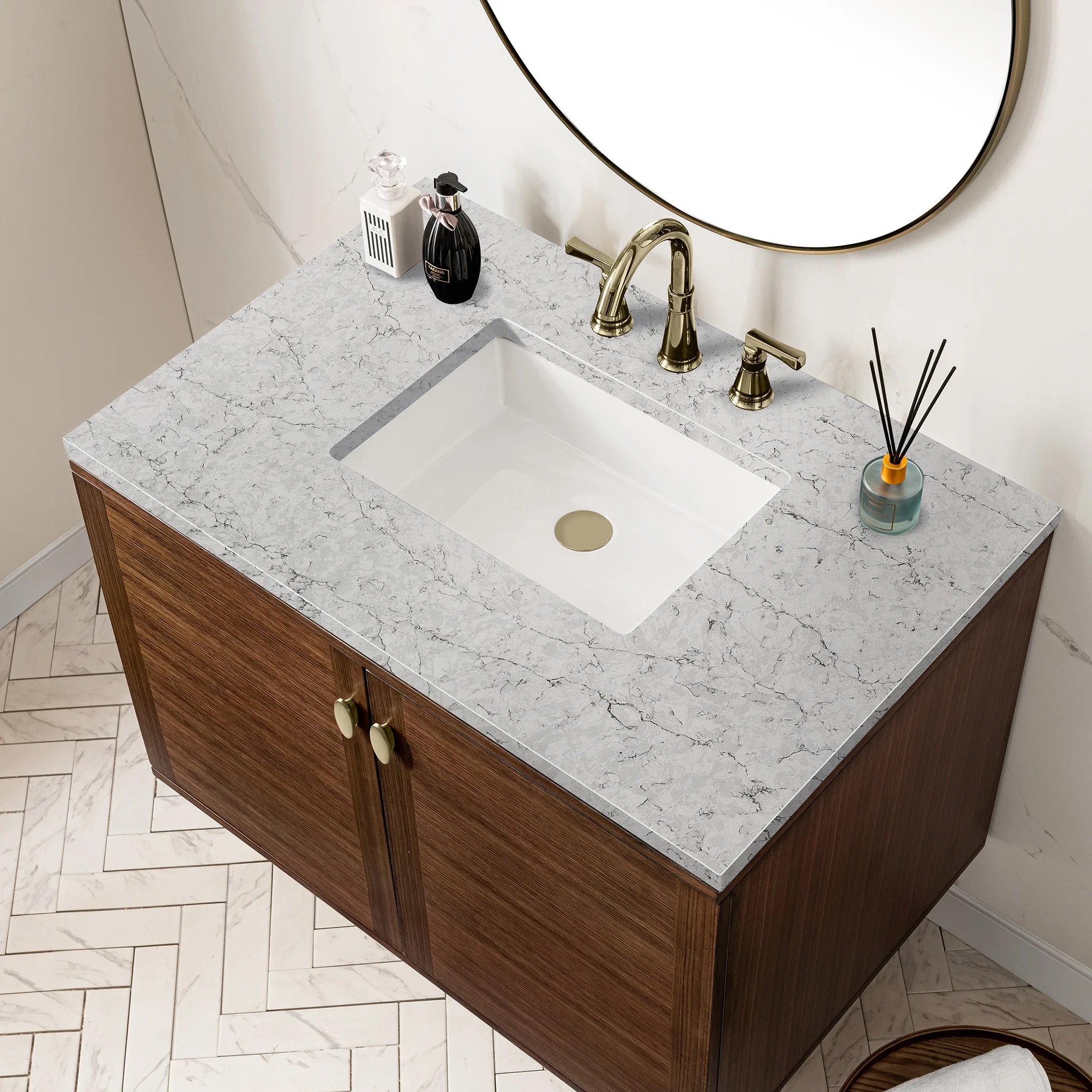 Amberly 36" Single Vanity, Mid-Century Walnut w/ 3 CM Eternal Jasmine Pearl Top
