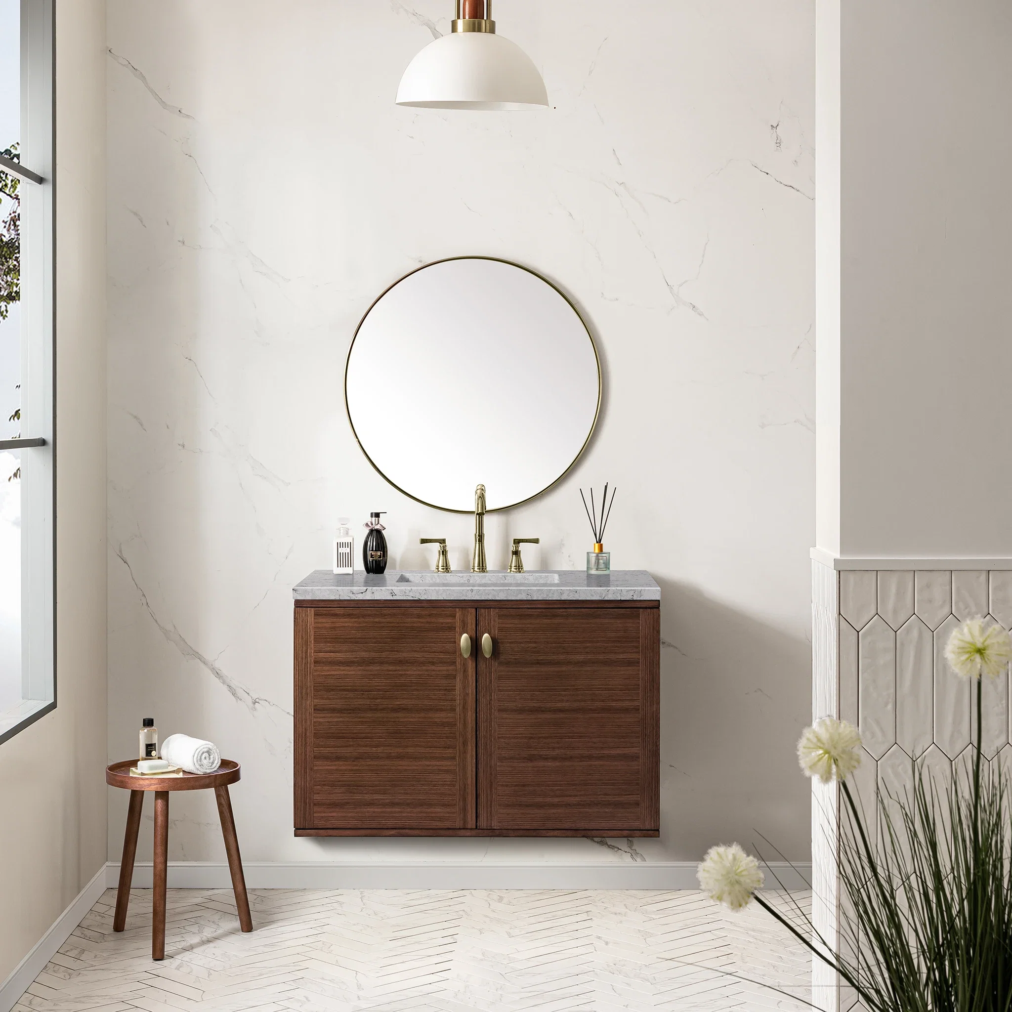 Amberly 36" Single Vanity, Mid-Century Walnut w/ 3 CM Eternal Jasmine Pearl Top