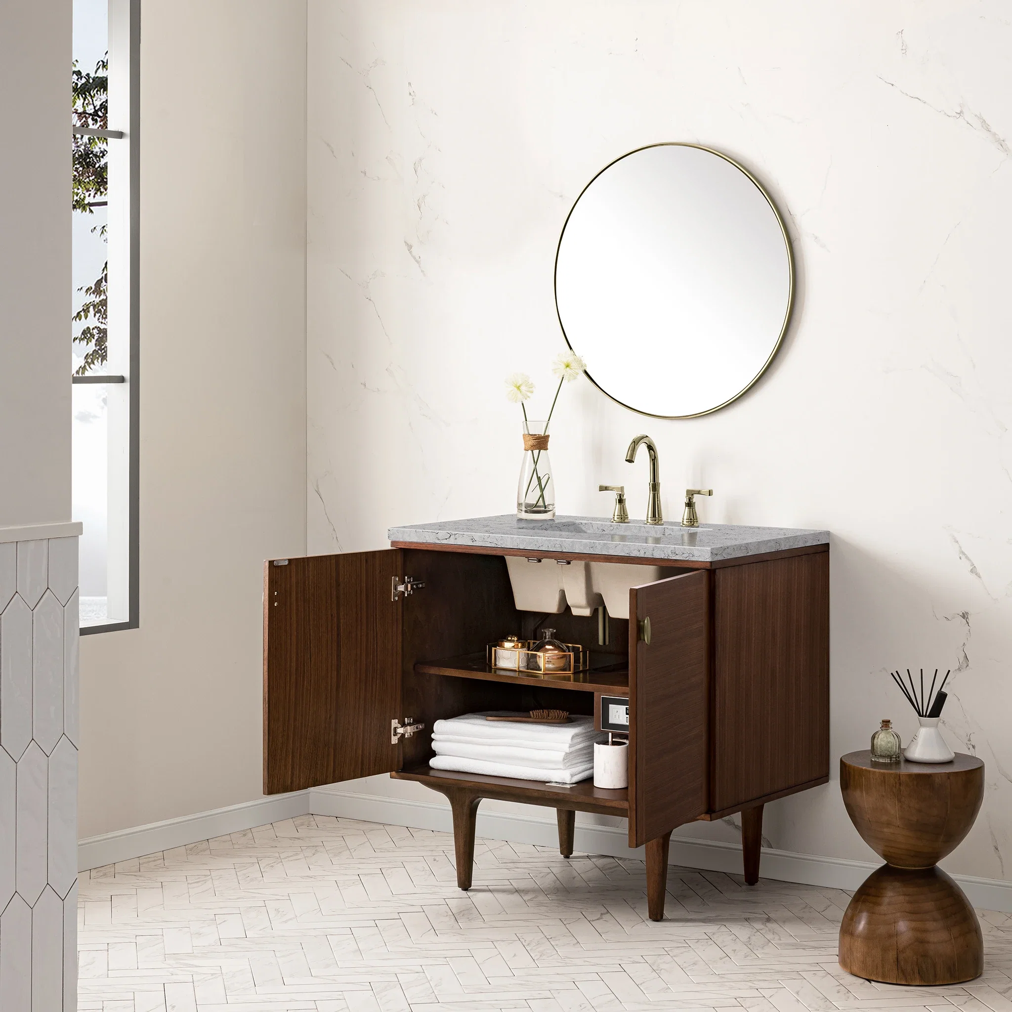 Amberly 36" Single Vanity, Mid-Century Walnut w/ 3 CM Eternal Jasmine Pearl Top