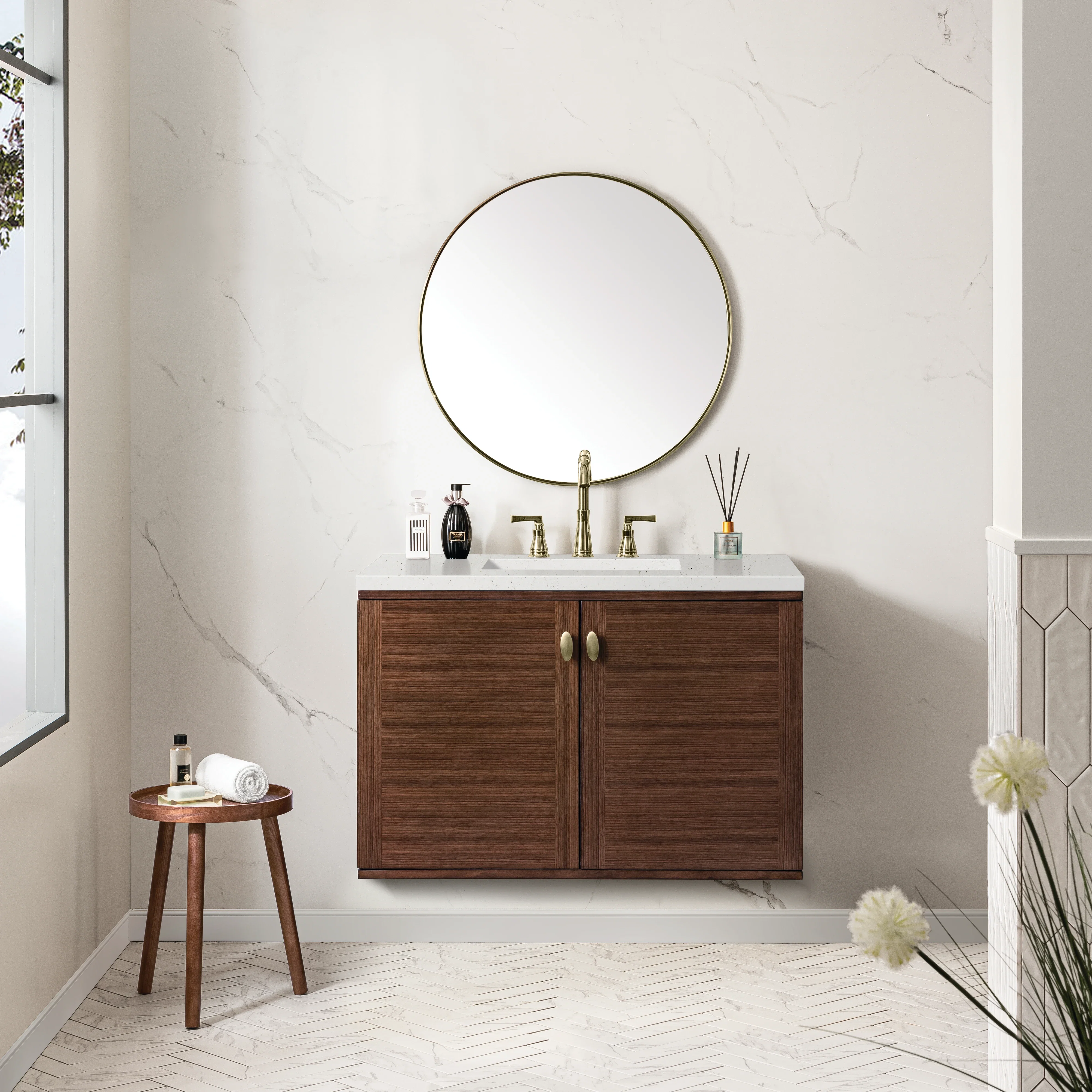 Amberly 36" Single Vanity, Mid-Century Walnut w/ 3 CM Lime Delight Top