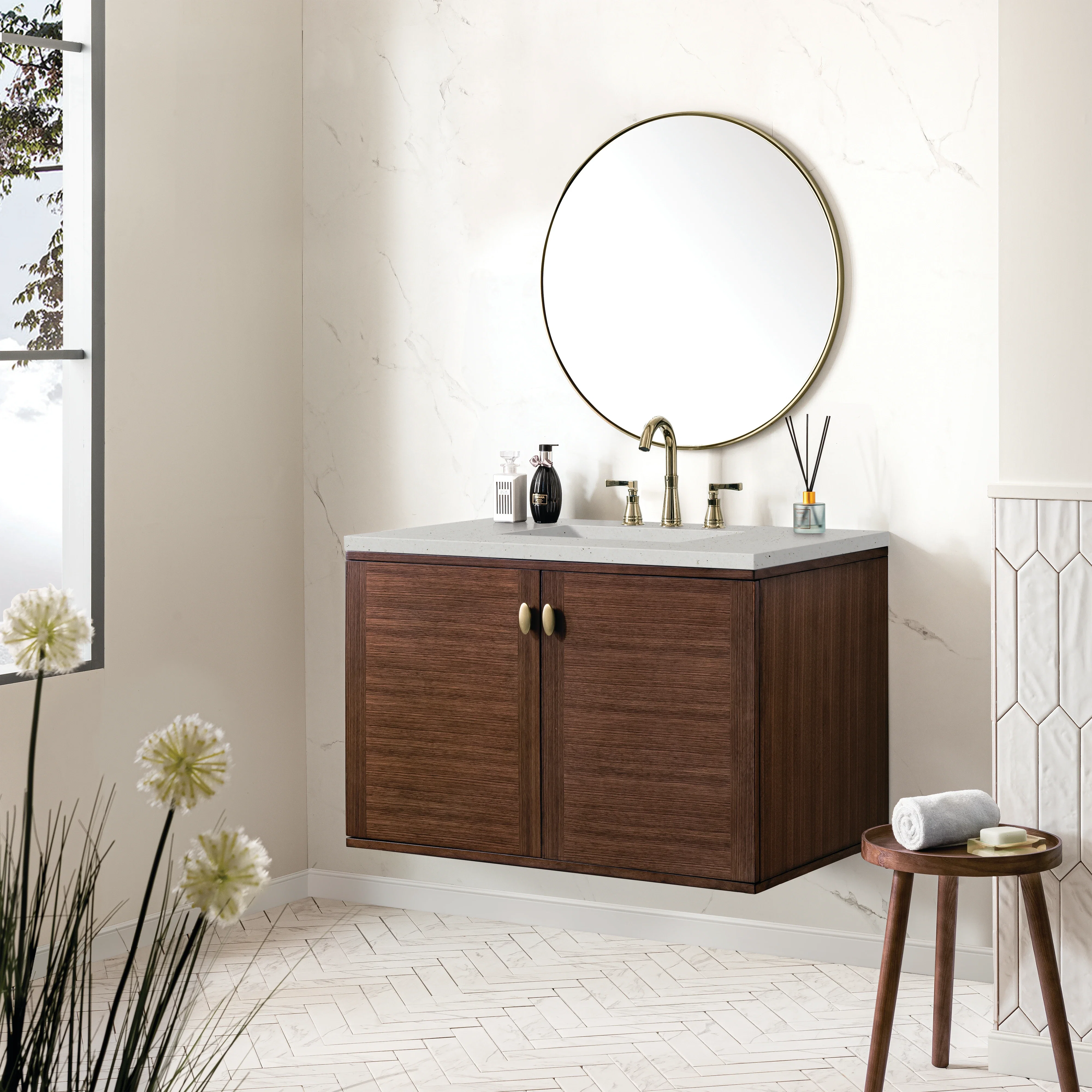 Amberly 36" Single Vanity, Mid-Century Walnut w/ 3 CM Lime Delight Top