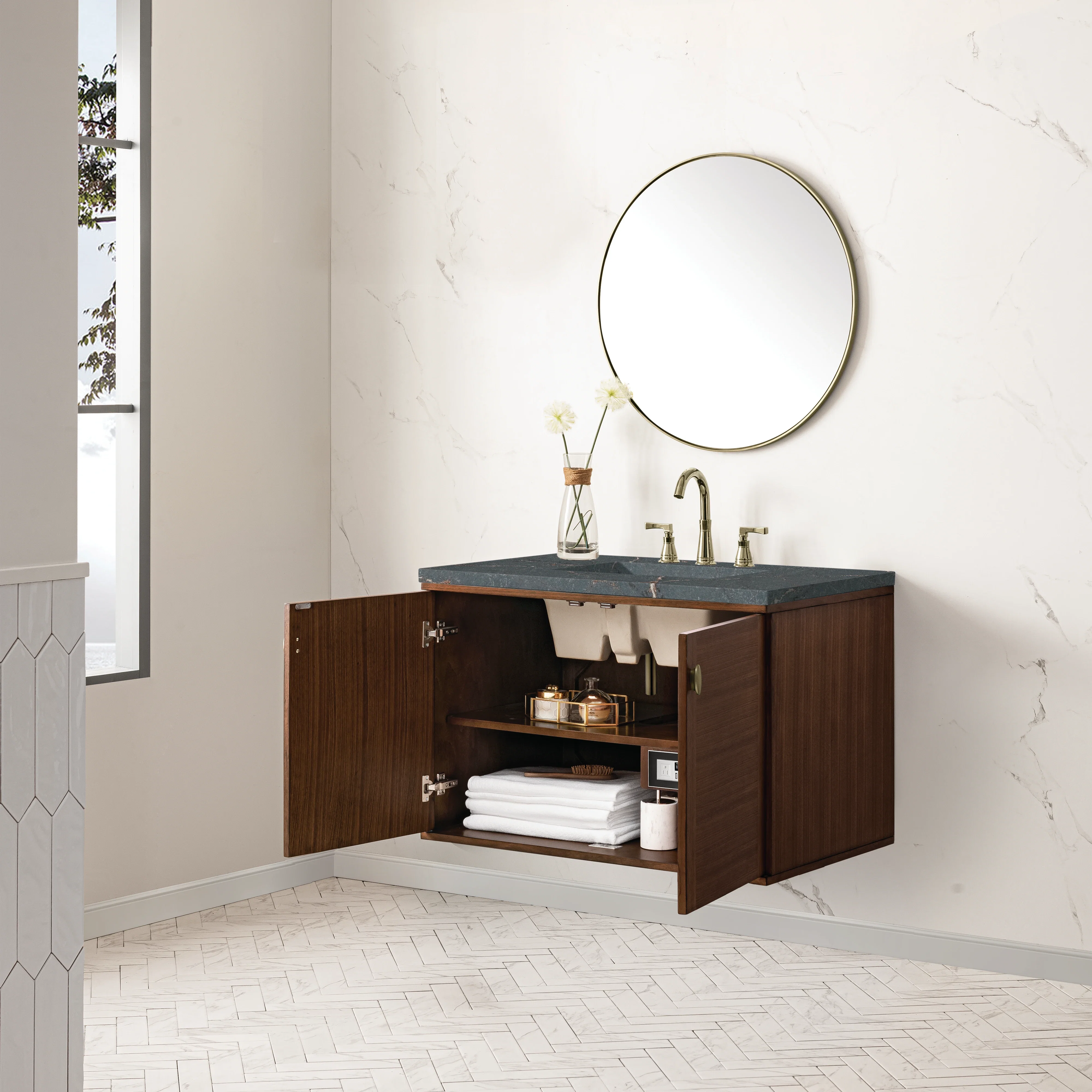 Amberly 36" Single Vanity, Mid-Century Walnut w/ 3 CM Parisien Bleu Top