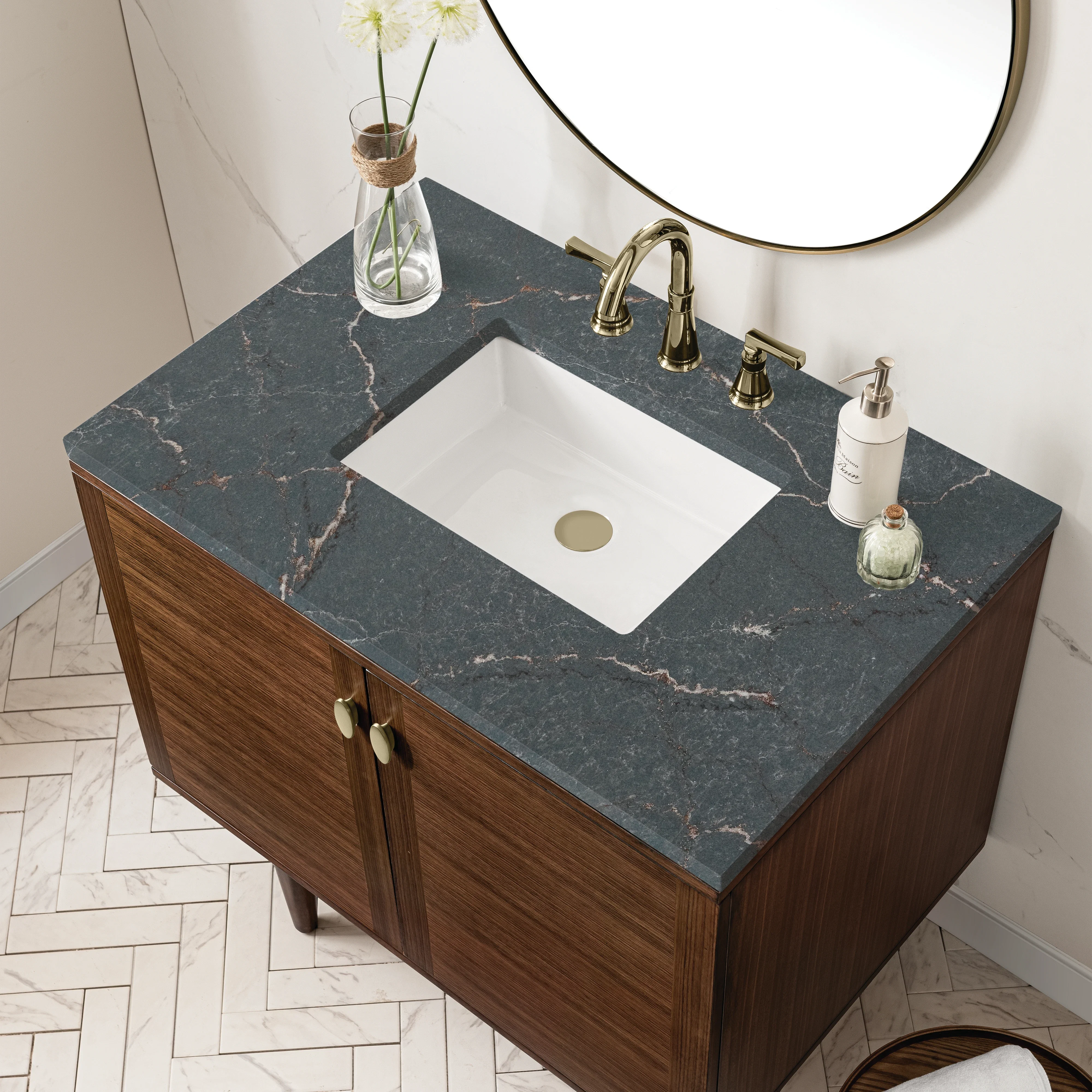 Amberly 36" Single Vanity, Mid-Century Walnut w/ 3 CM Parisien Bleu Top