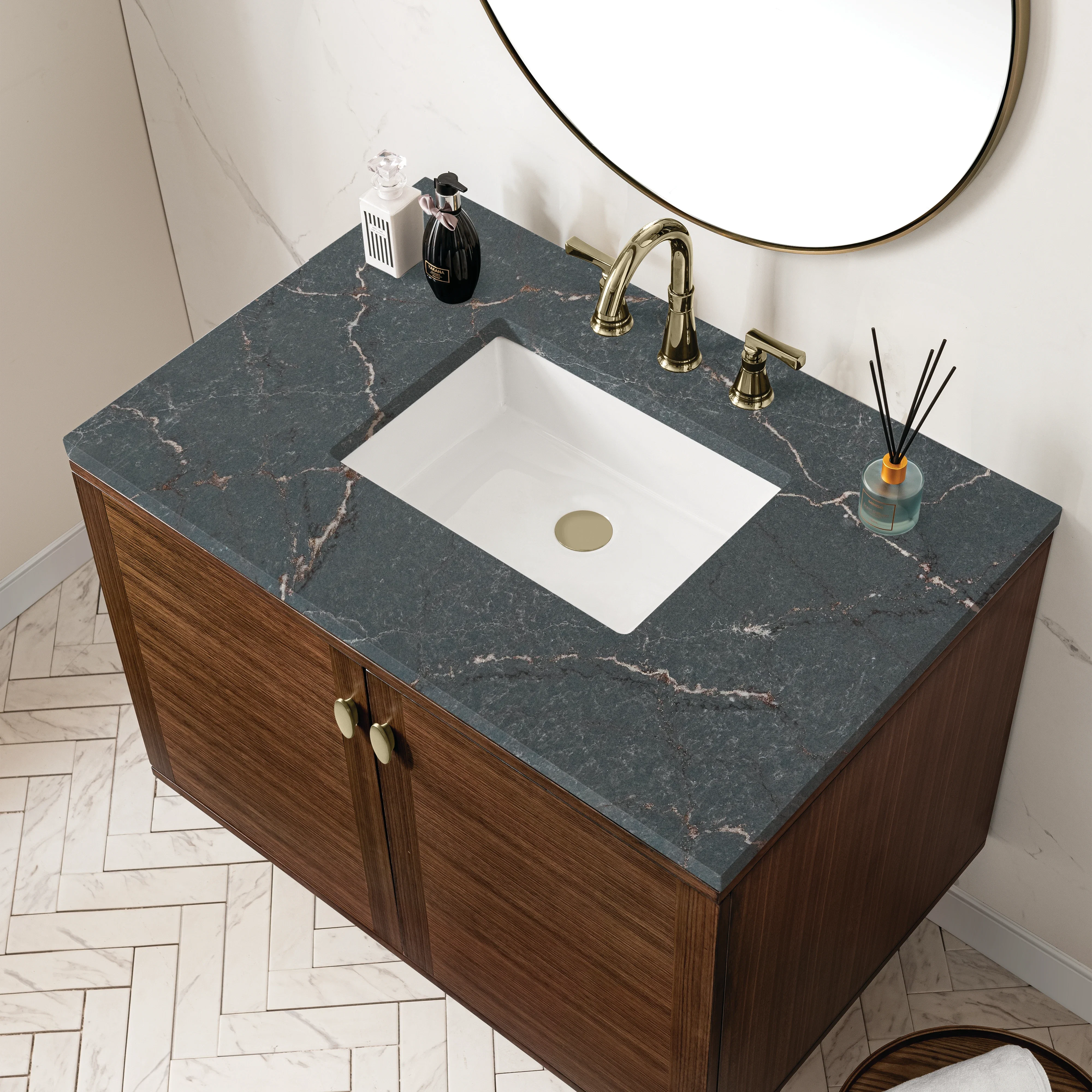 Amberly 36" Single Vanity, Mid-Century Walnut w/ 3 CM Parisien Bleu Top