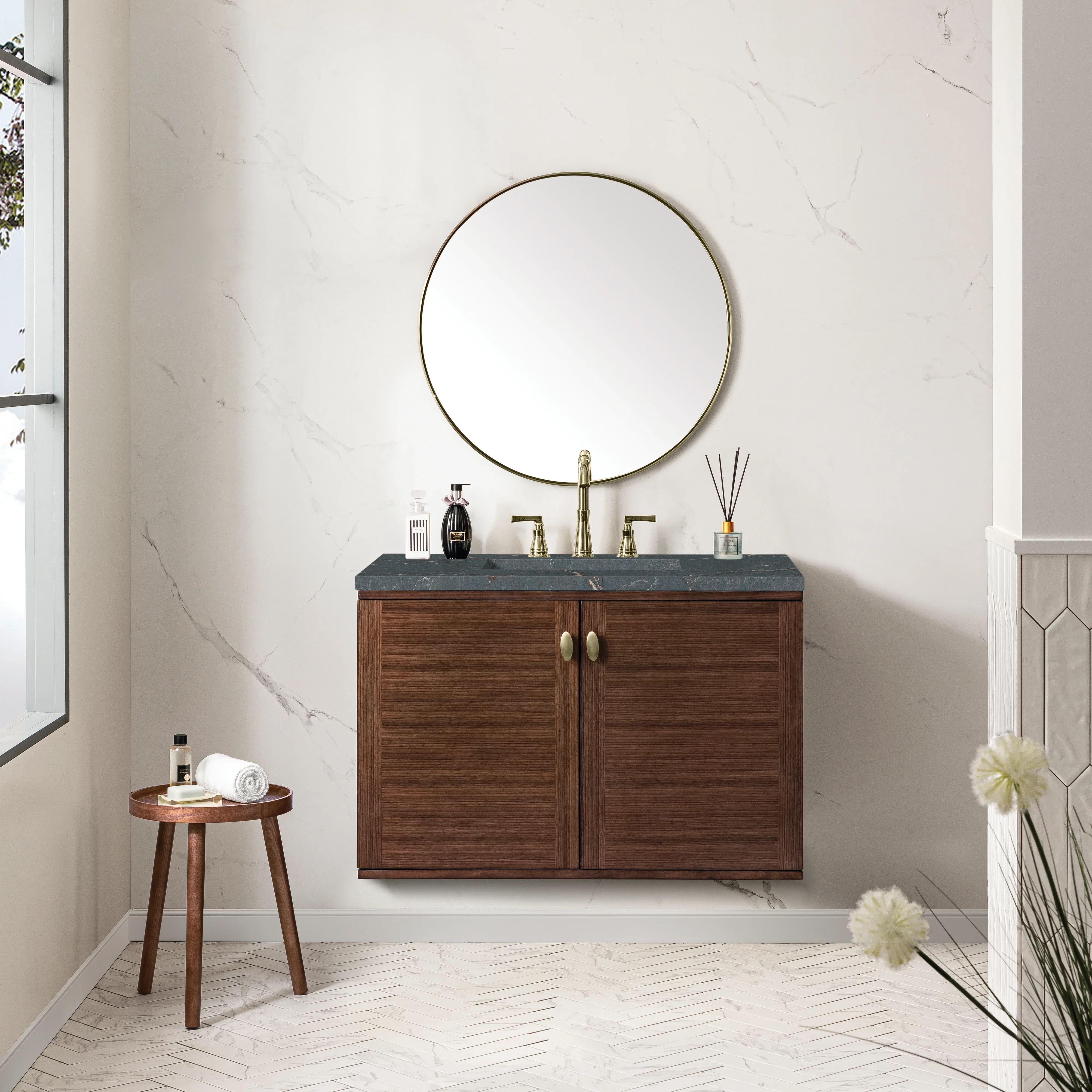 Amberly 36" Single Vanity, Mid-Century Walnut w/ 3 CM Parisien Bleu Top