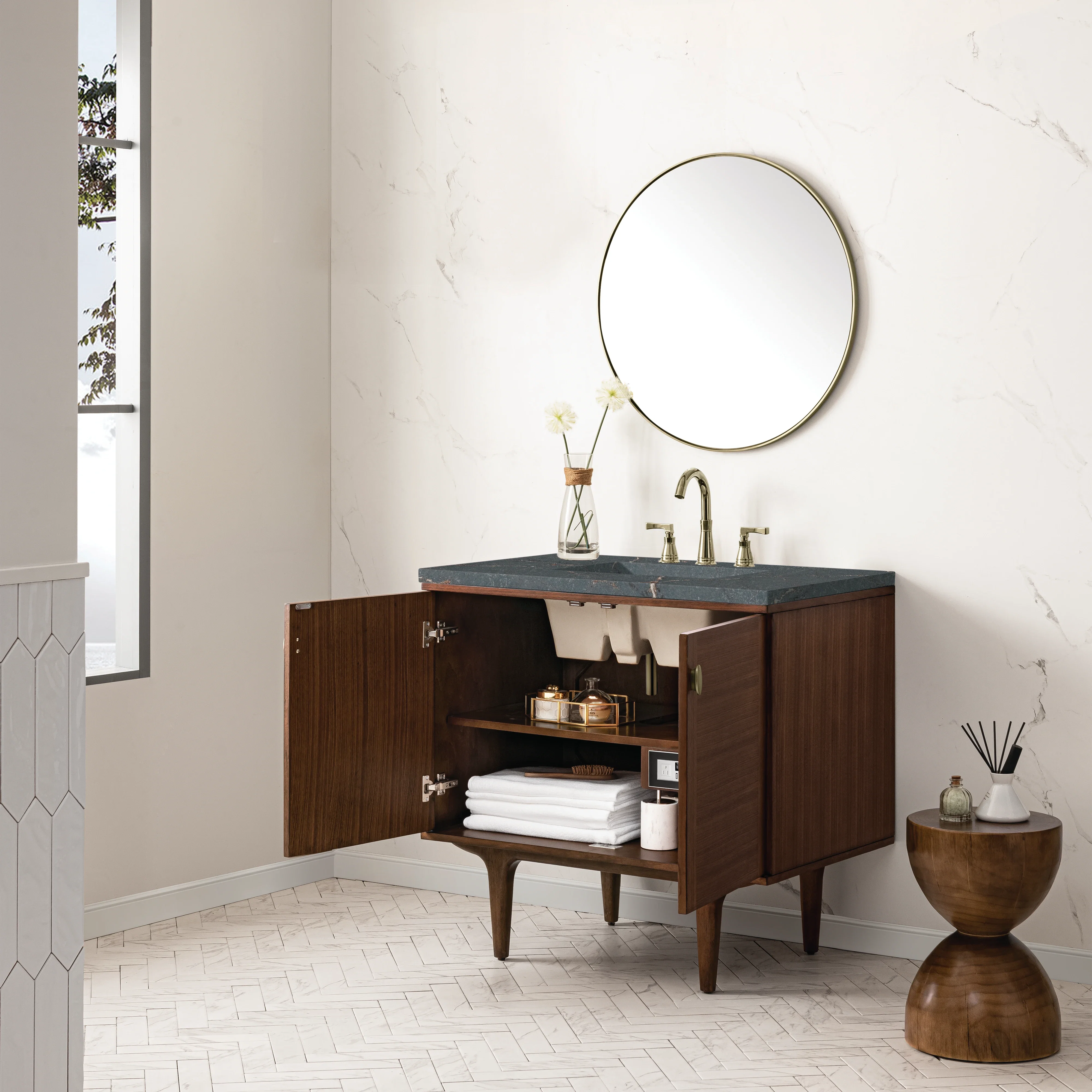 Amberly 36" Single Vanity, Mid-Century Walnut w/ 3 CM Parisien Bleu Top