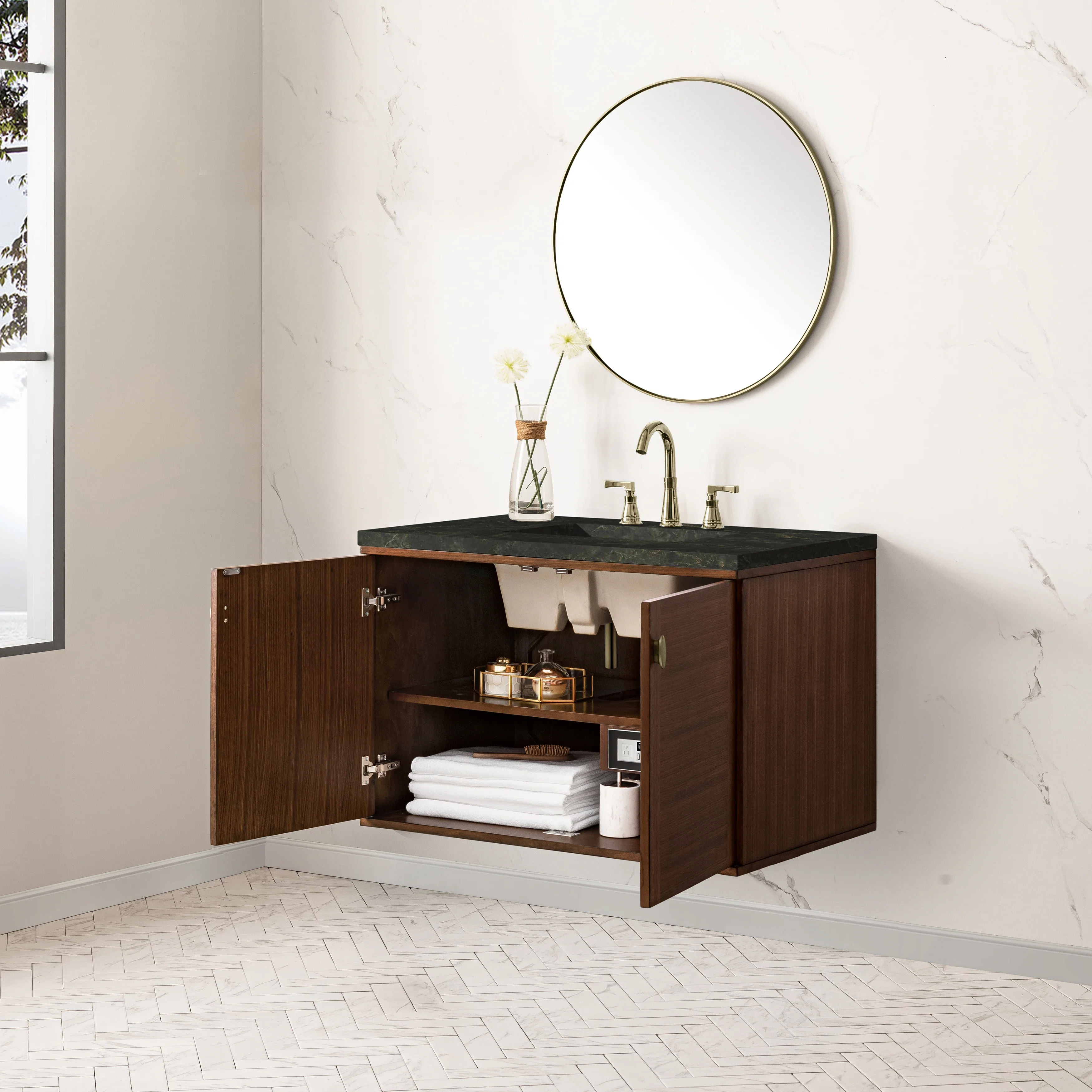 Amberly 36" Single Vanity, Mid-Century Walnut, w/ 3 CM Phantome Eclos Top