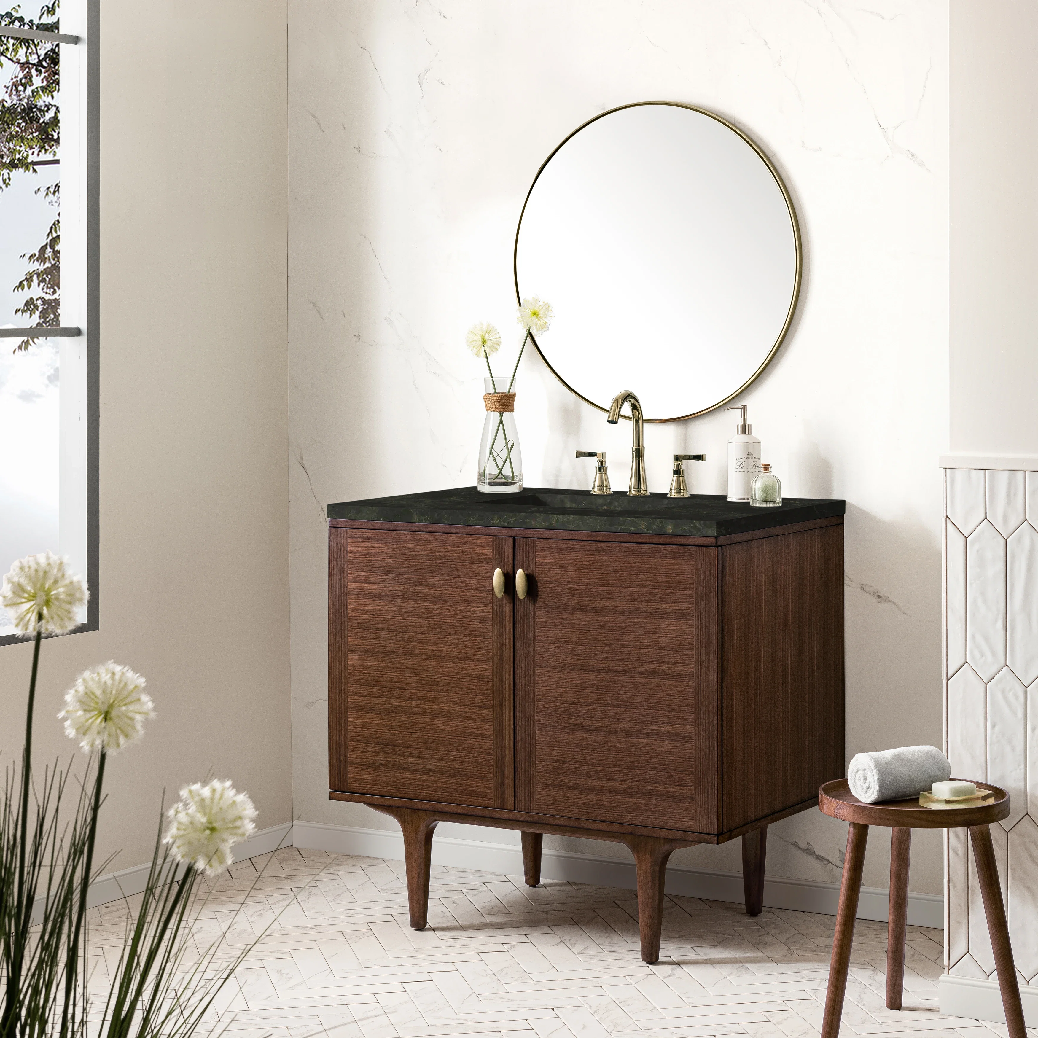 Amberly 36" Single Vanity, Mid-Century Walnut, w/ 3 CM Phantome Eclos Top