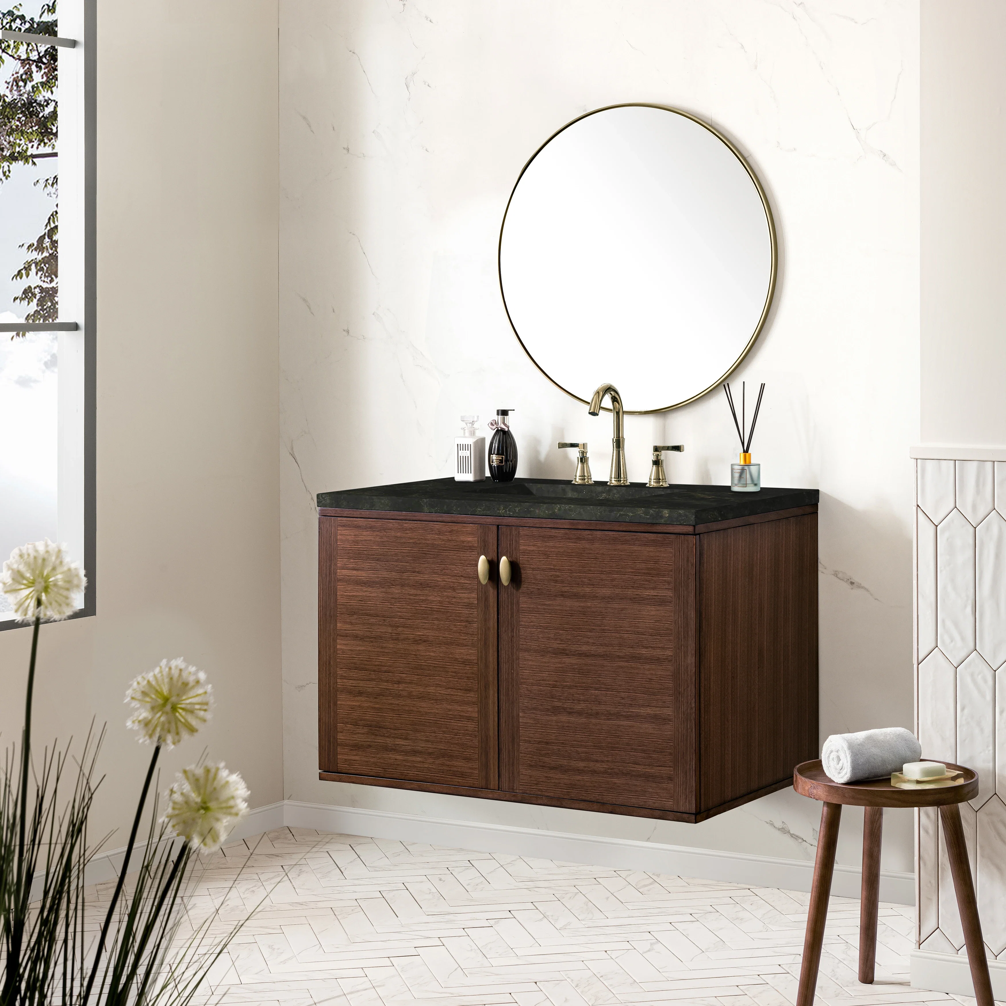 Amberly 36" Single Vanity, Mid-Century Walnut, w/ 3 CM Phantome Eclos Top