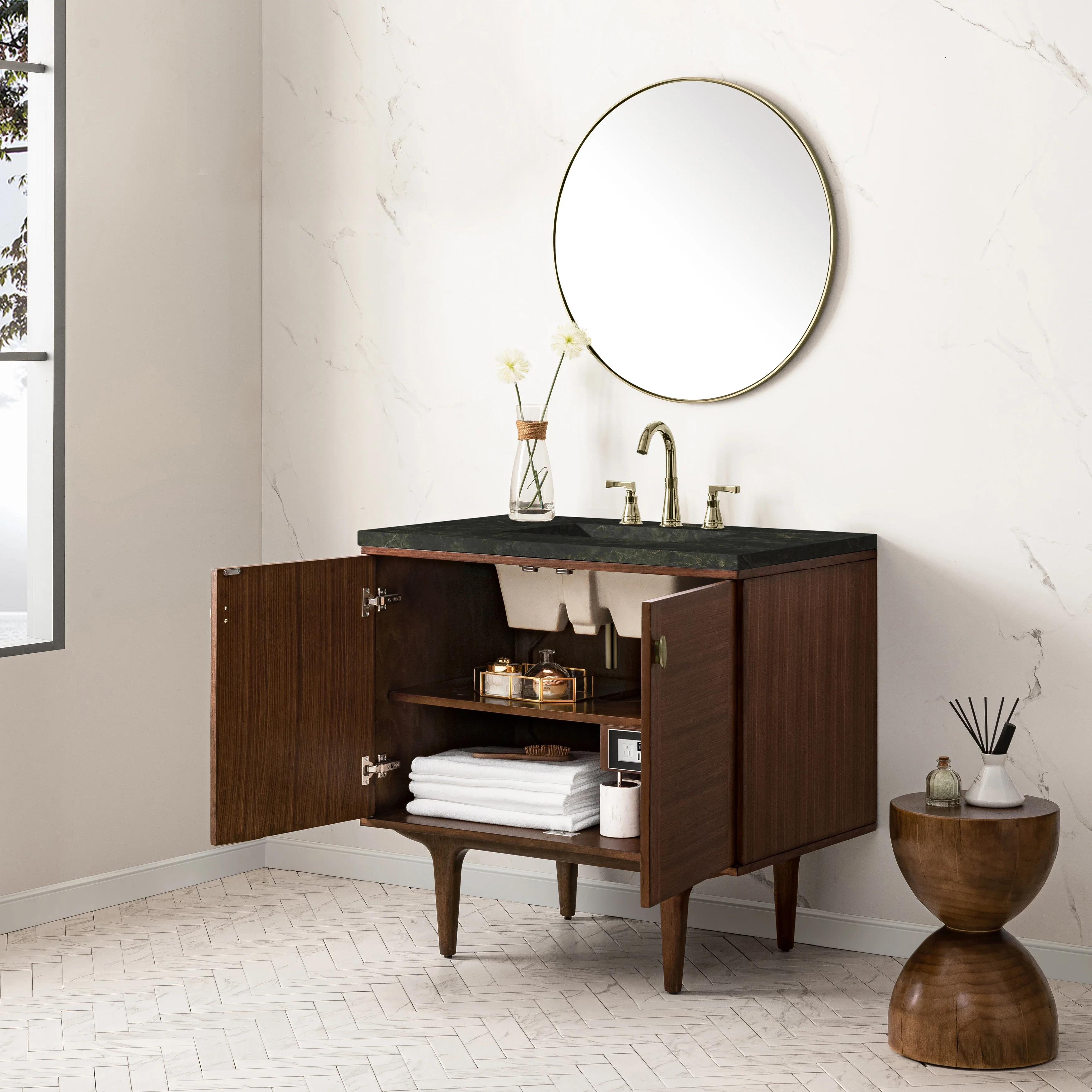 Amberly 36" Single Vanity, Mid-Century Walnut, w/ 3 CM Phantome Eclos Top