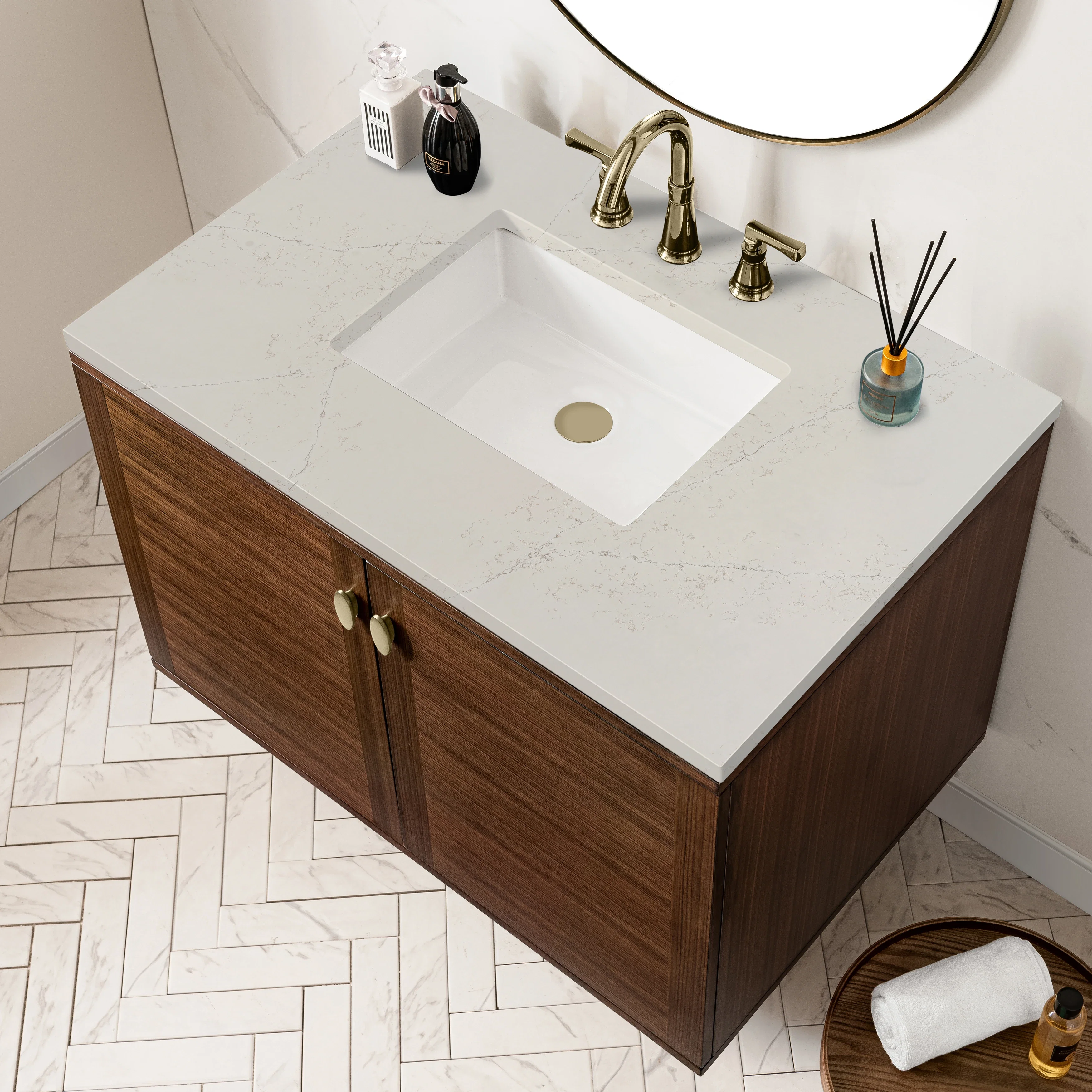 Amberly 36" Single Vanity, Mid-Century Walnut, w/ 3 CM Siberian Silestone Top