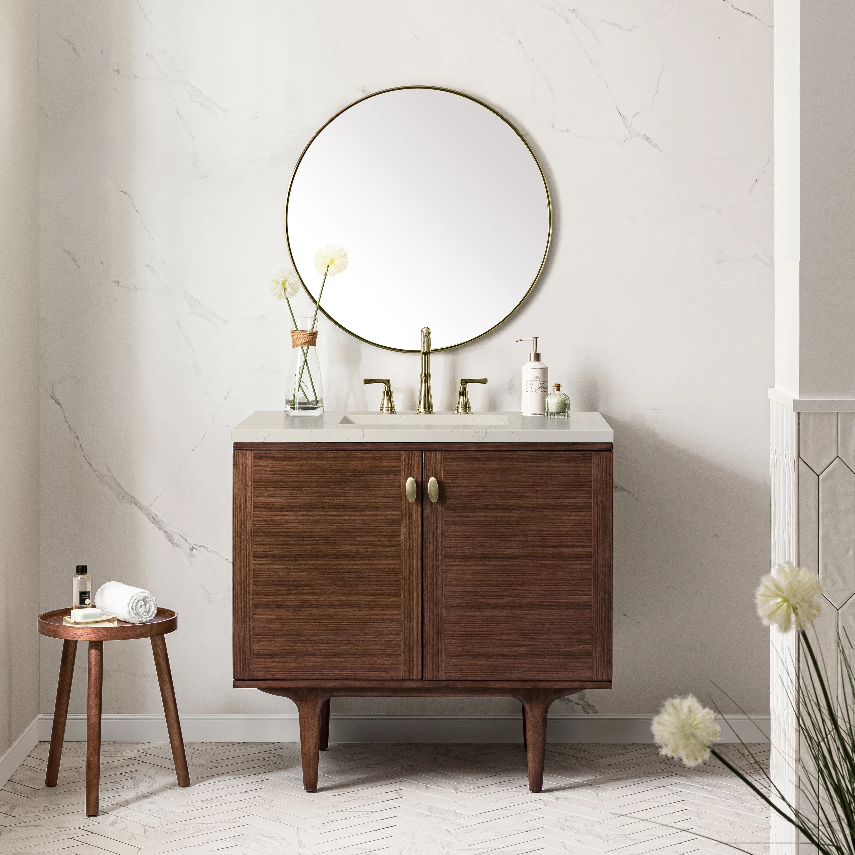 Amberly 36" Single Vanity, Mid-Century Walnut, w/ 3 CM Siberian Silestone Top