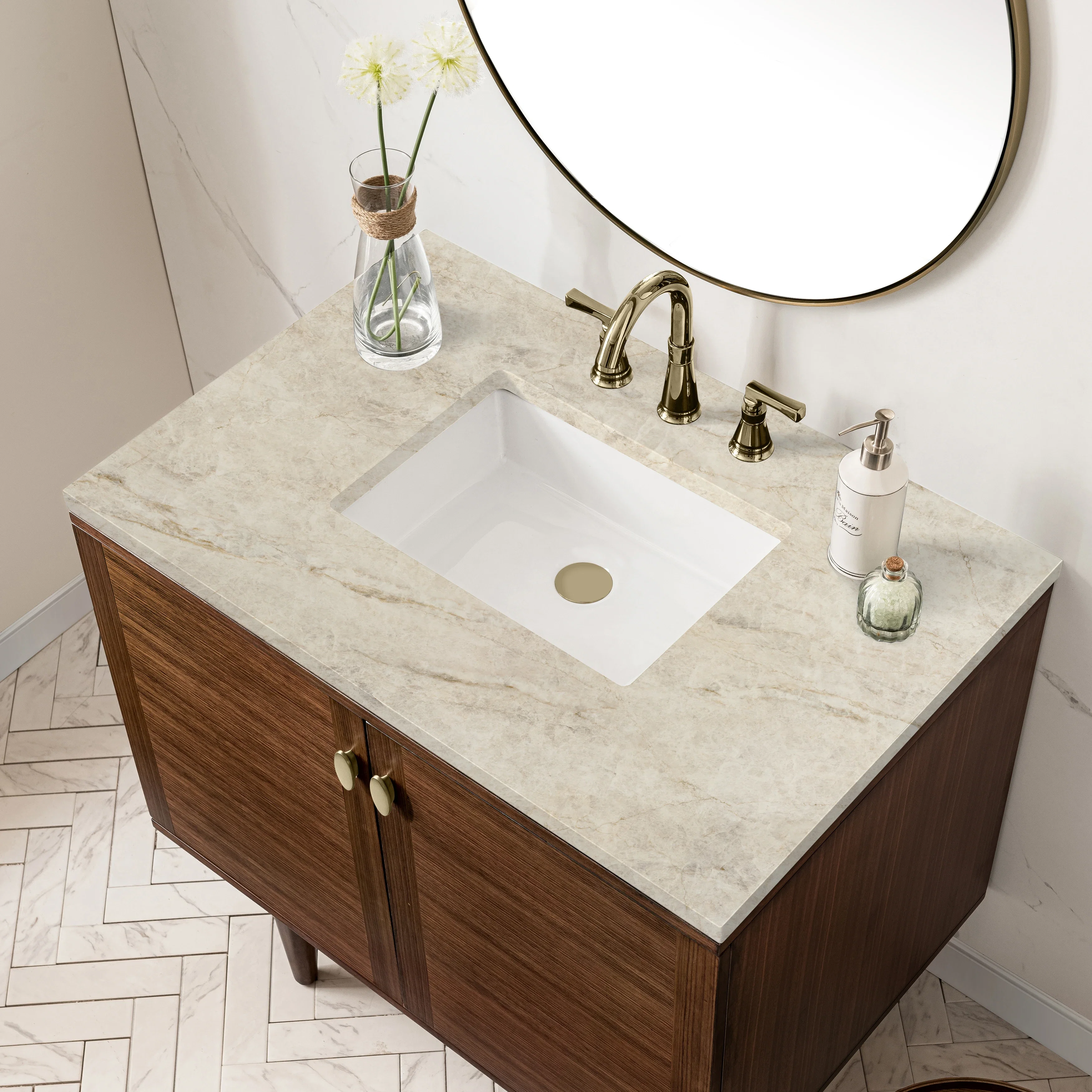 Amberly 36" Single Vanity, Mid-Century Walnut, w/ 3 CM Tajnar Eclos Top