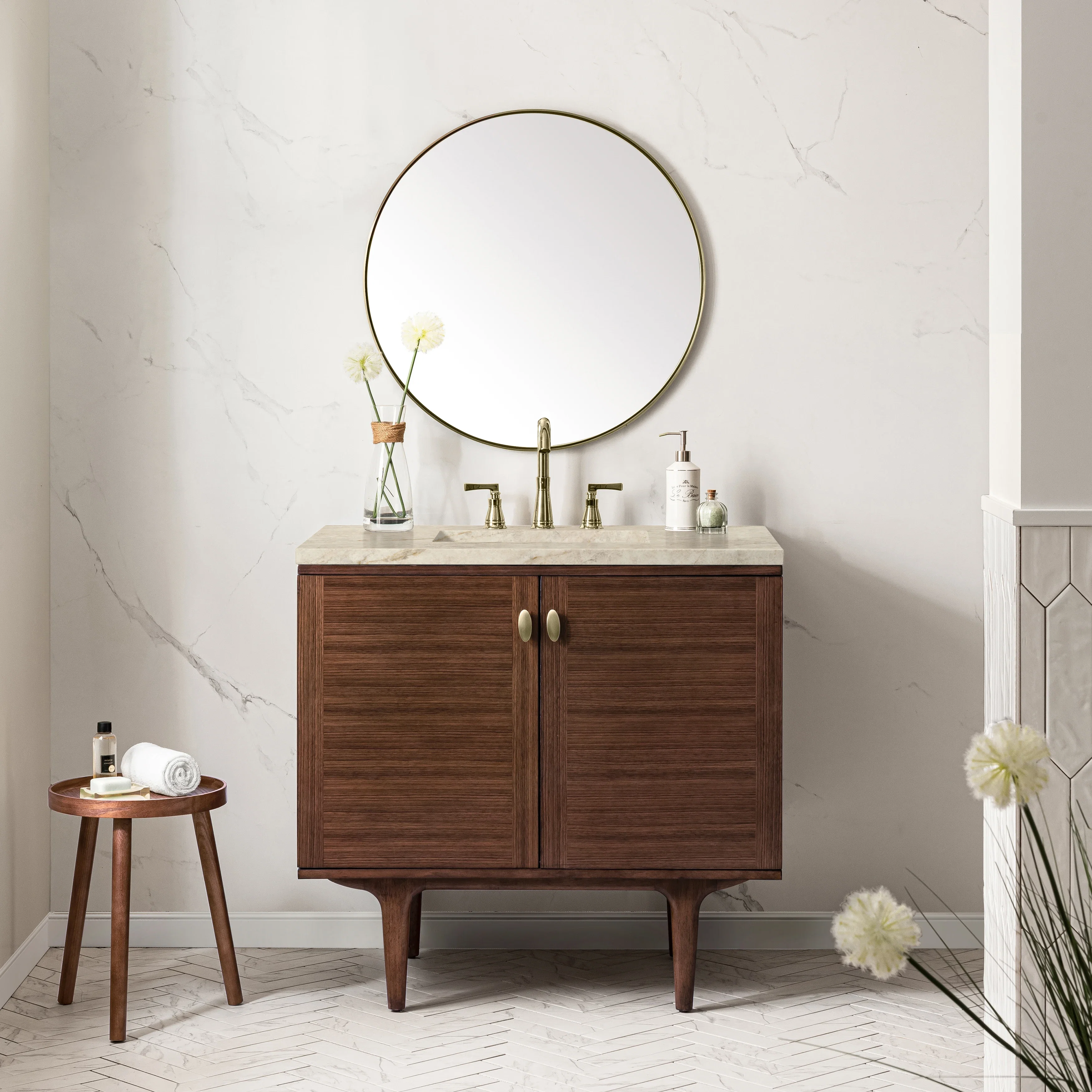 Amberly 36" Single Vanity, Mid-Century Walnut, w/ 3 CM Tajnar Eclos Top