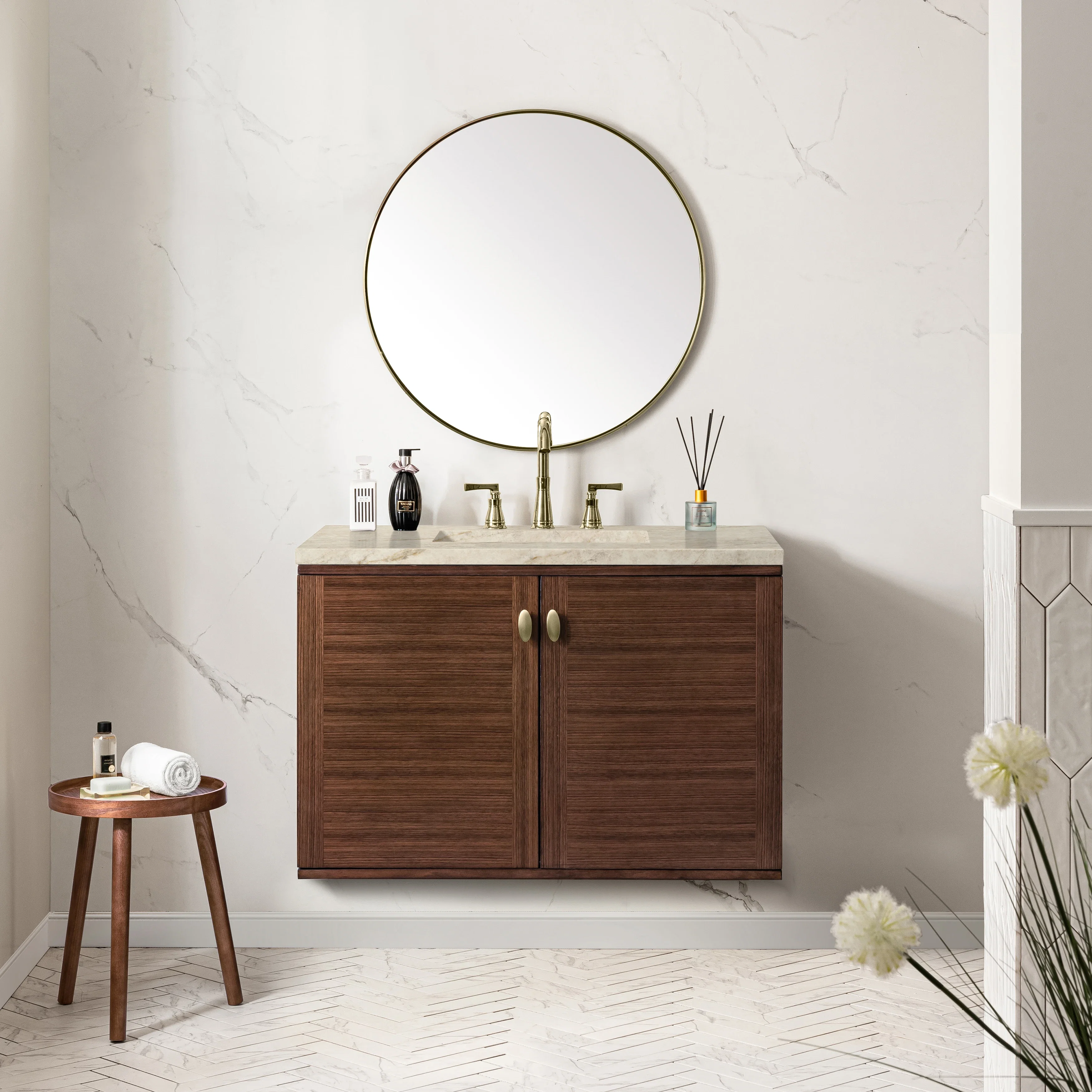 Amberly 36" Single Vanity, Mid-Century Walnut, w/ 3 CM Tajnar Eclos Top