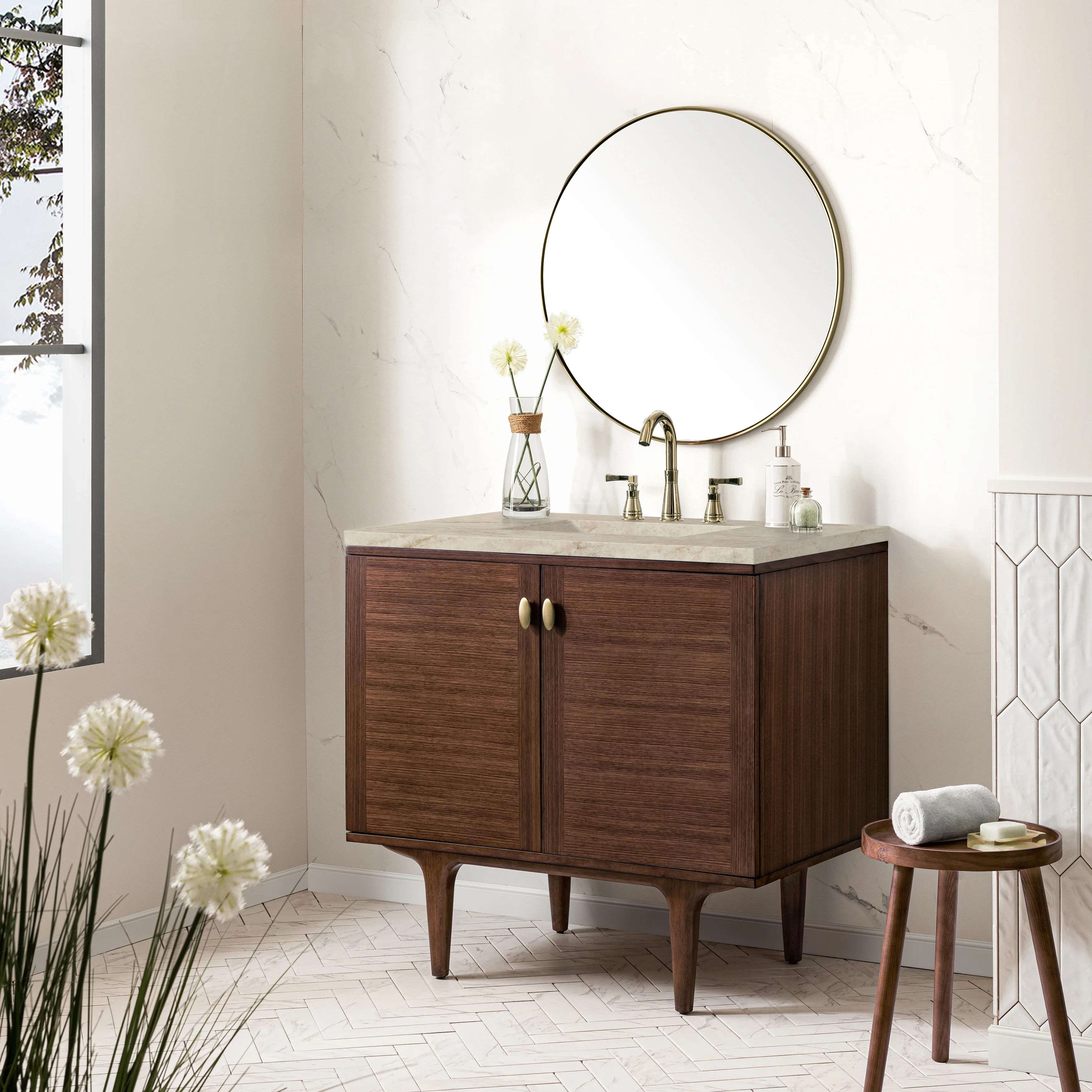 Amberly 36" Single Vanity, Mid-Century Walnut, w/ 3 CM Tajnar Eclos Top
