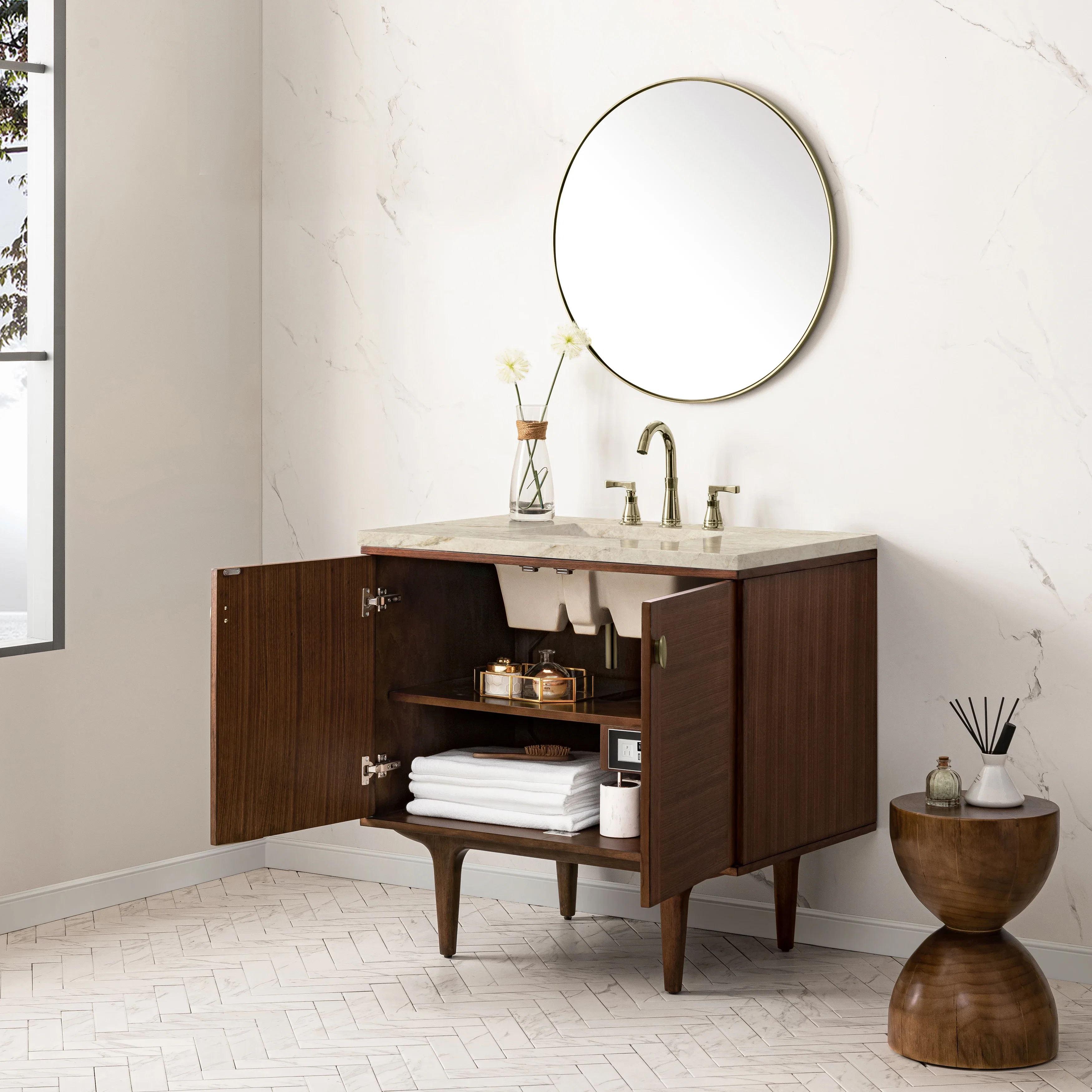 Amberly 36" Single Vanity, Mid-Century Walnut, w/ 3 CM Tajnar Eclos Top