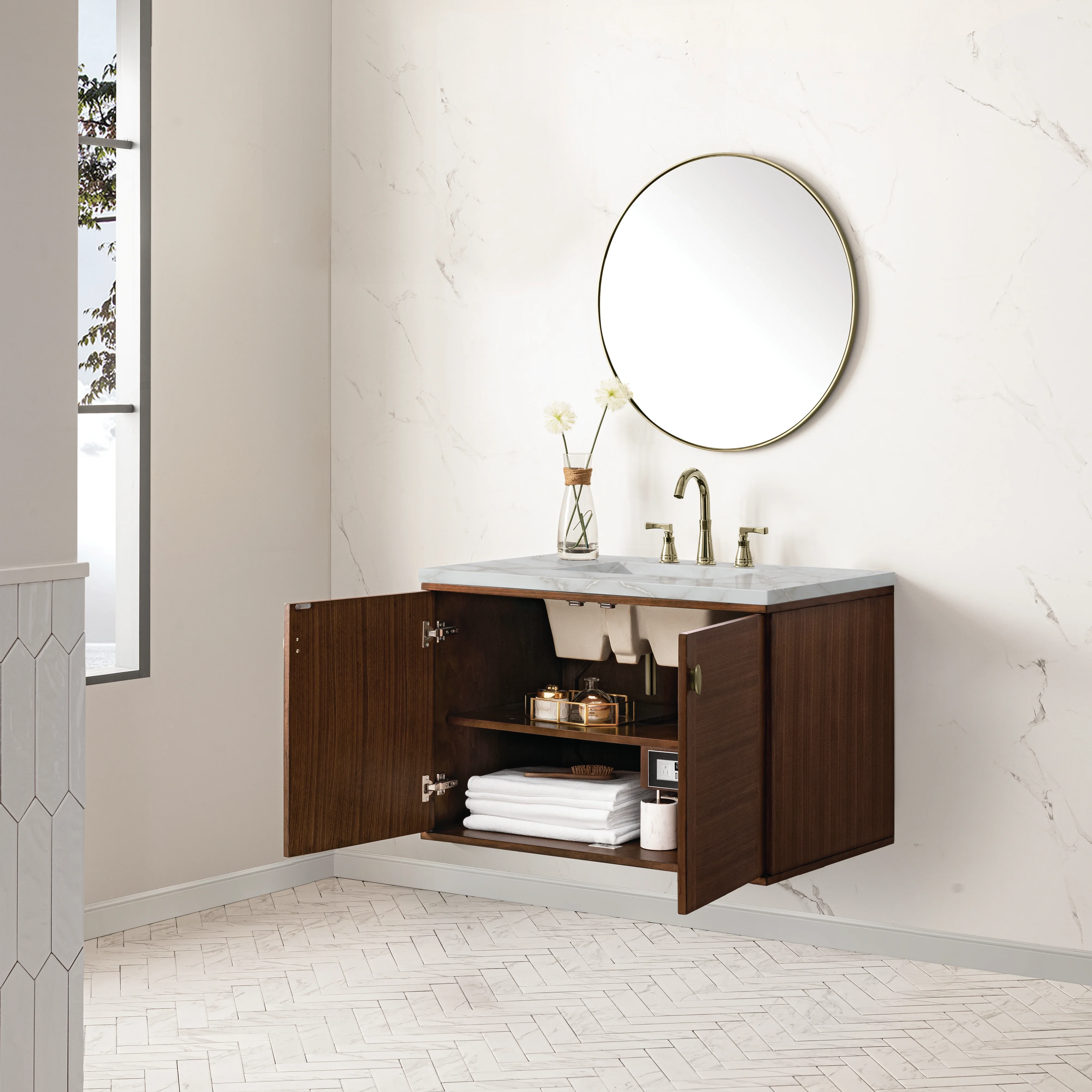 Amberly 36" Single Vanity, Mid-Century Walnut w/ 3 CM Victorian Silver Top