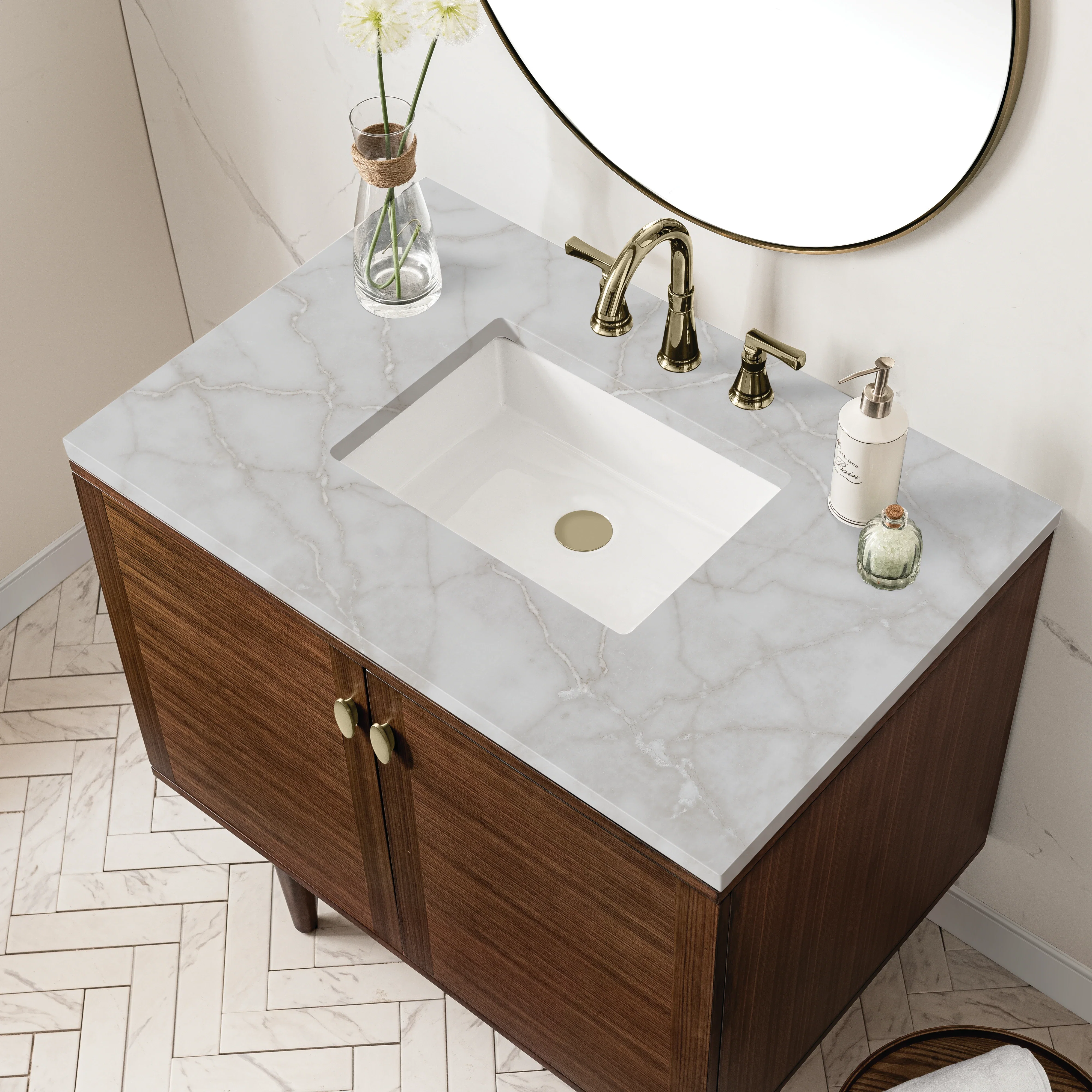 Amberly 36" Single Vanity, Mid-Century Walnut w/ 3 CM Victorian Silver Top