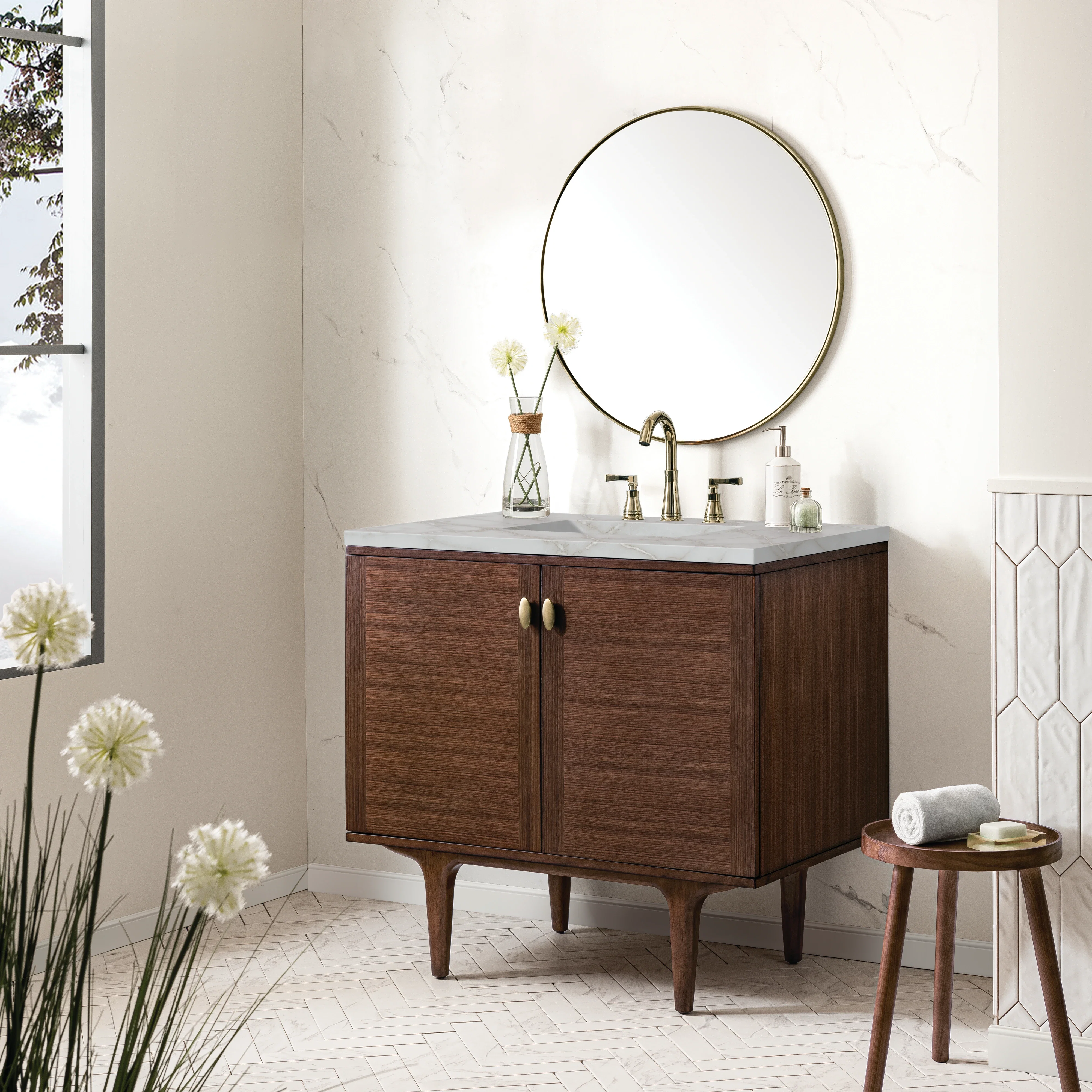 Amberly 36" Single Vanity, Mid-Century Walnut w/ 3 CM Victorian Silver Top