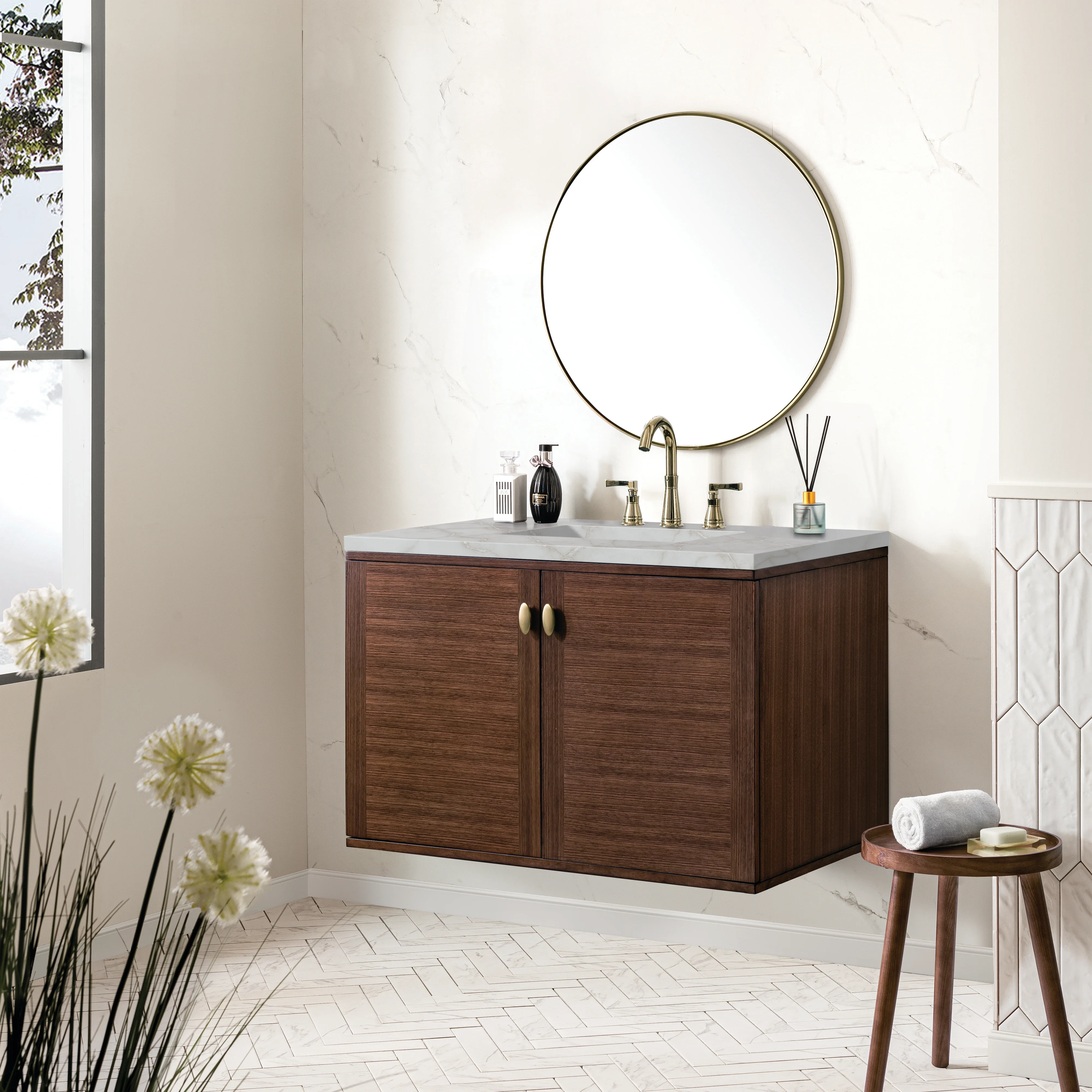Amberly 36" Single Vanity, Mid-Century Walnut w/ 3 CM Victorian Silver Top