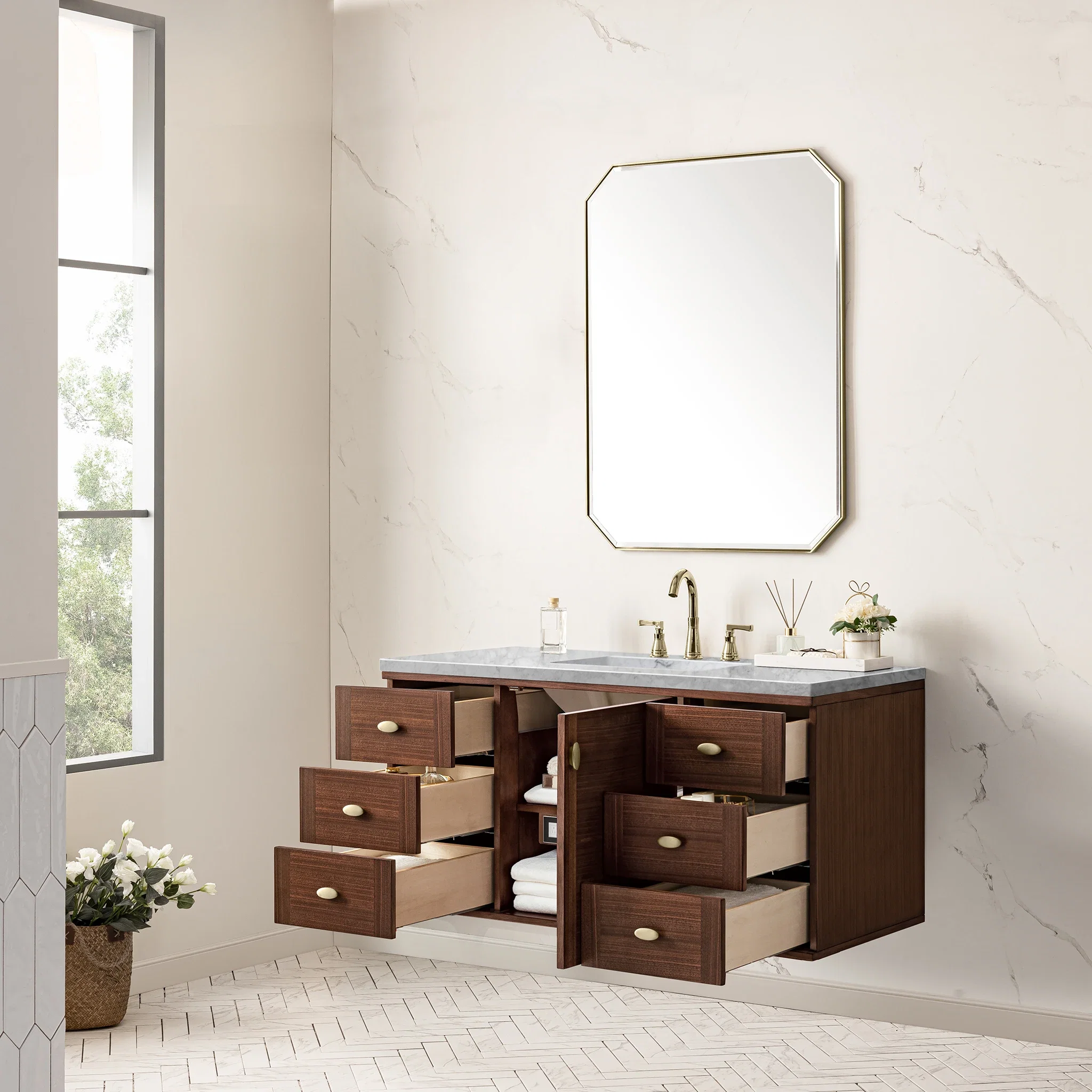 Amberly 48" Single Vanity, Mid-Century Walnut w/ 3 CM Carrara Marble Top