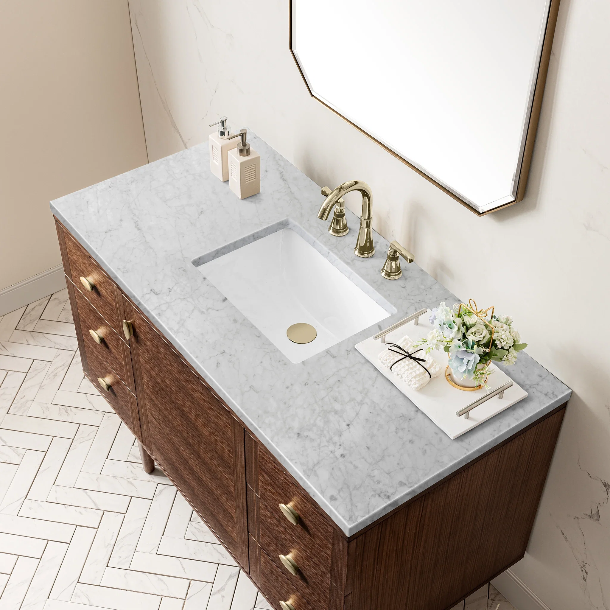 Amberly 48" Single Vanity, Mid-Century Walnut w/ 3 CM Carrara Marble Top