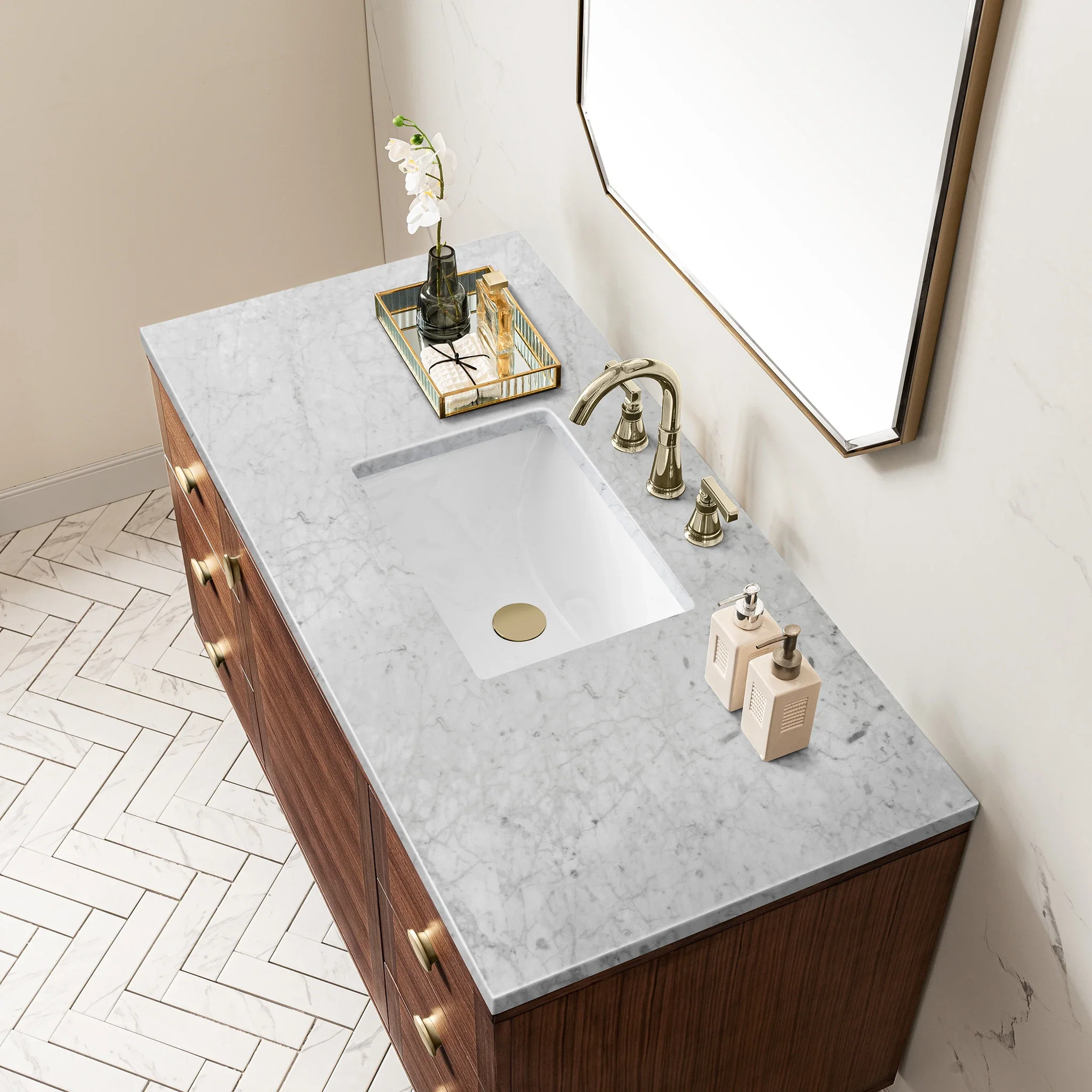 Amberly 48" Single Vanity, Mid-Century Walnut w/ 3 CM Carrara Marble Top