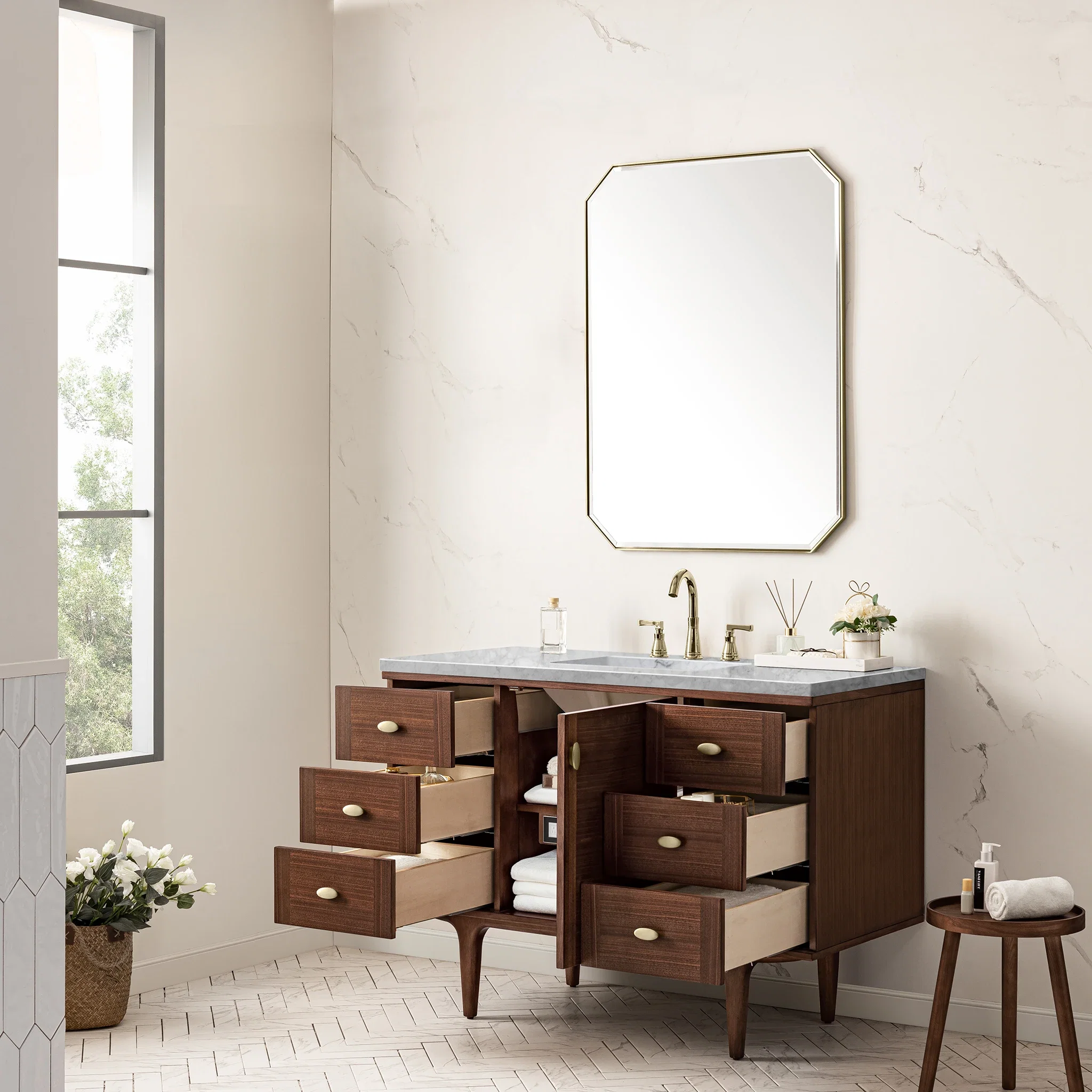 Amberly 48" Single Vanity, Mid-Century Walnut w/ 3 CM Carrara Marble Top