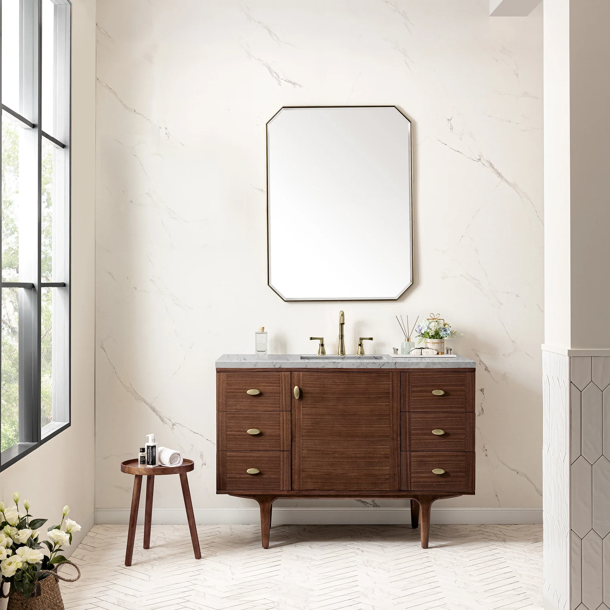 Amberly 48" Single Vanity, Mid-Century Walnut w/ 3 CM Eternal Jasmine Pearl Top