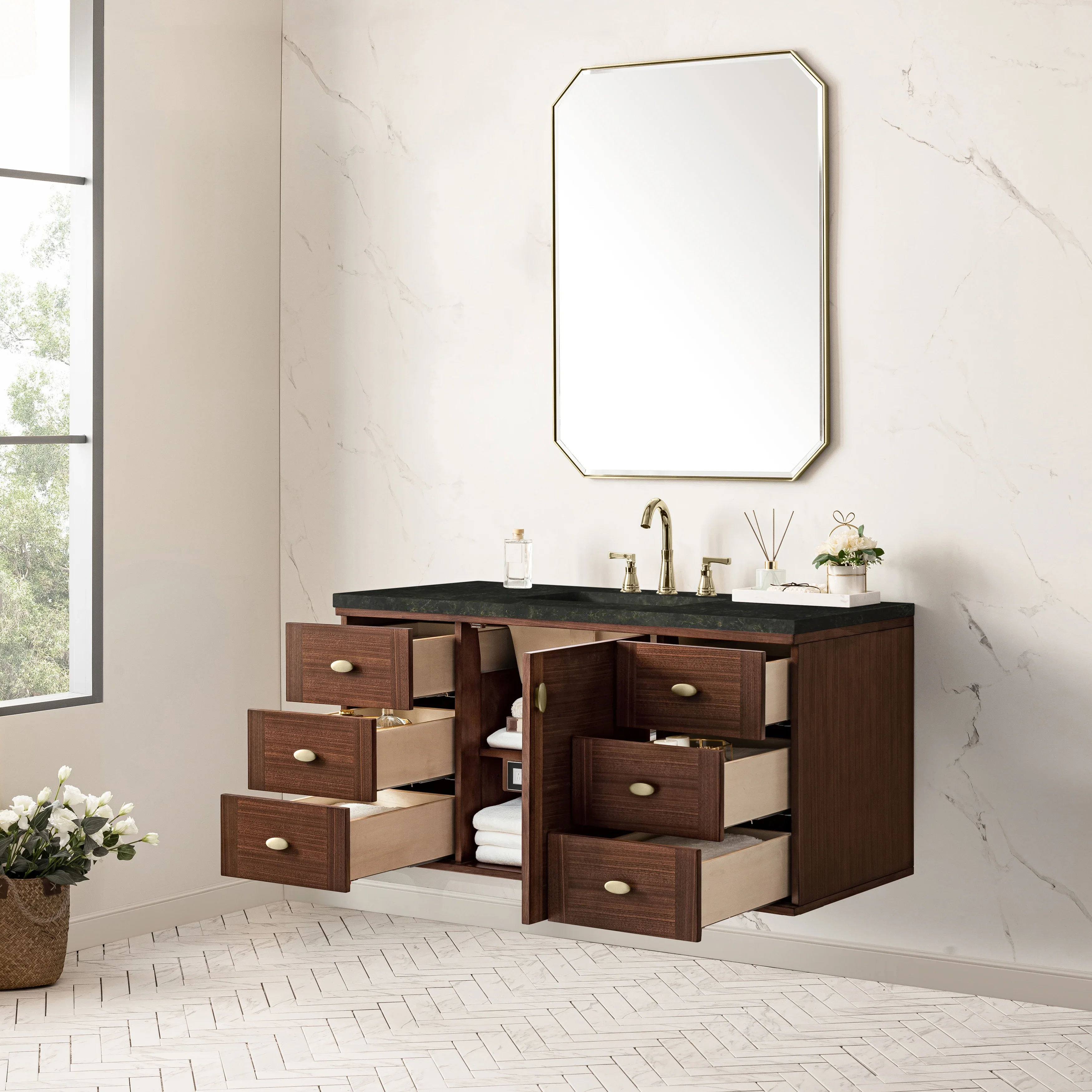 Amberly 48" Single Vanity, Mid-Century Walnut, w/ 3 CM Phantome Eclos Top