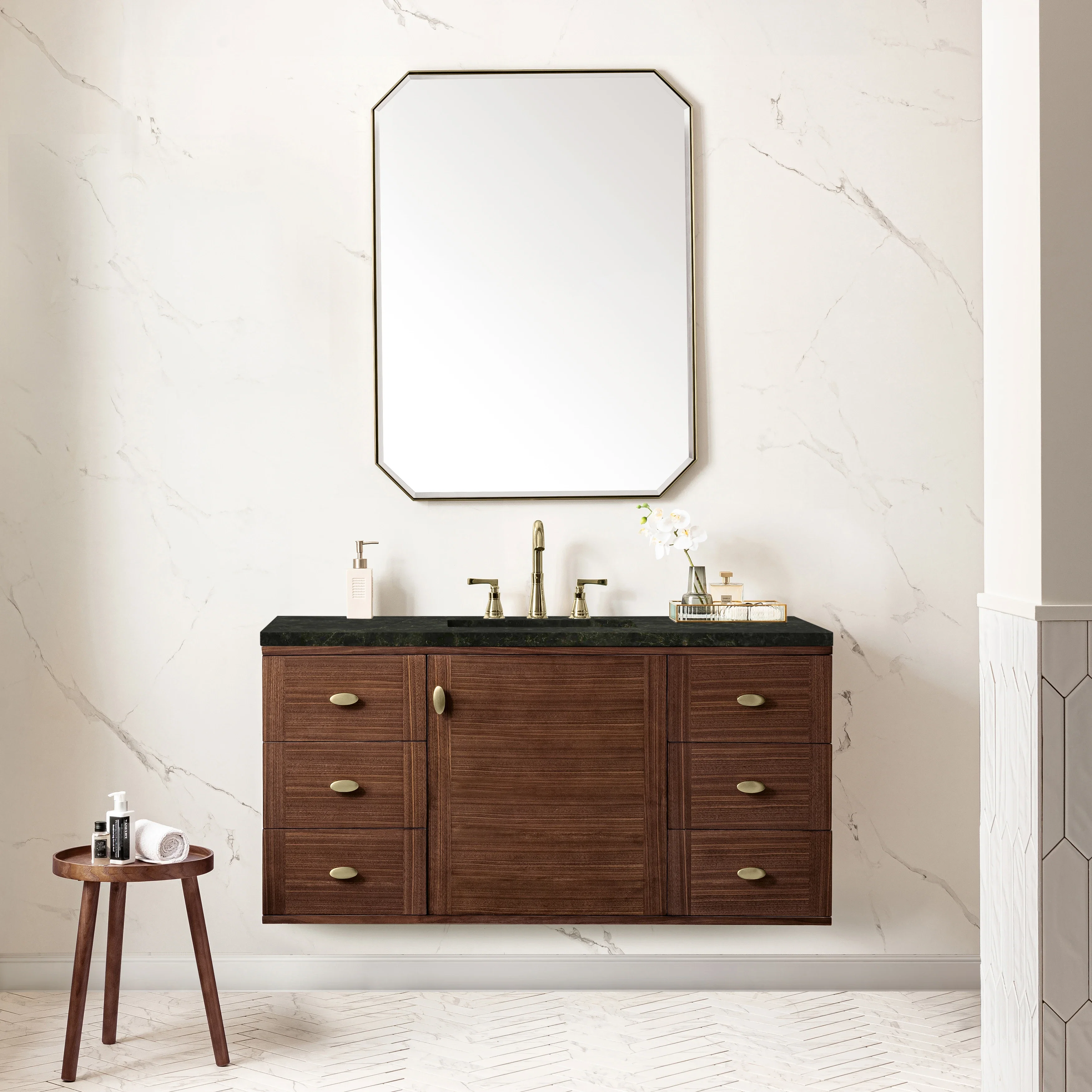 Amberly 48" Single Vanity, Mid-Century Walnut, w/ 3 CM Phantome Eclos Top
