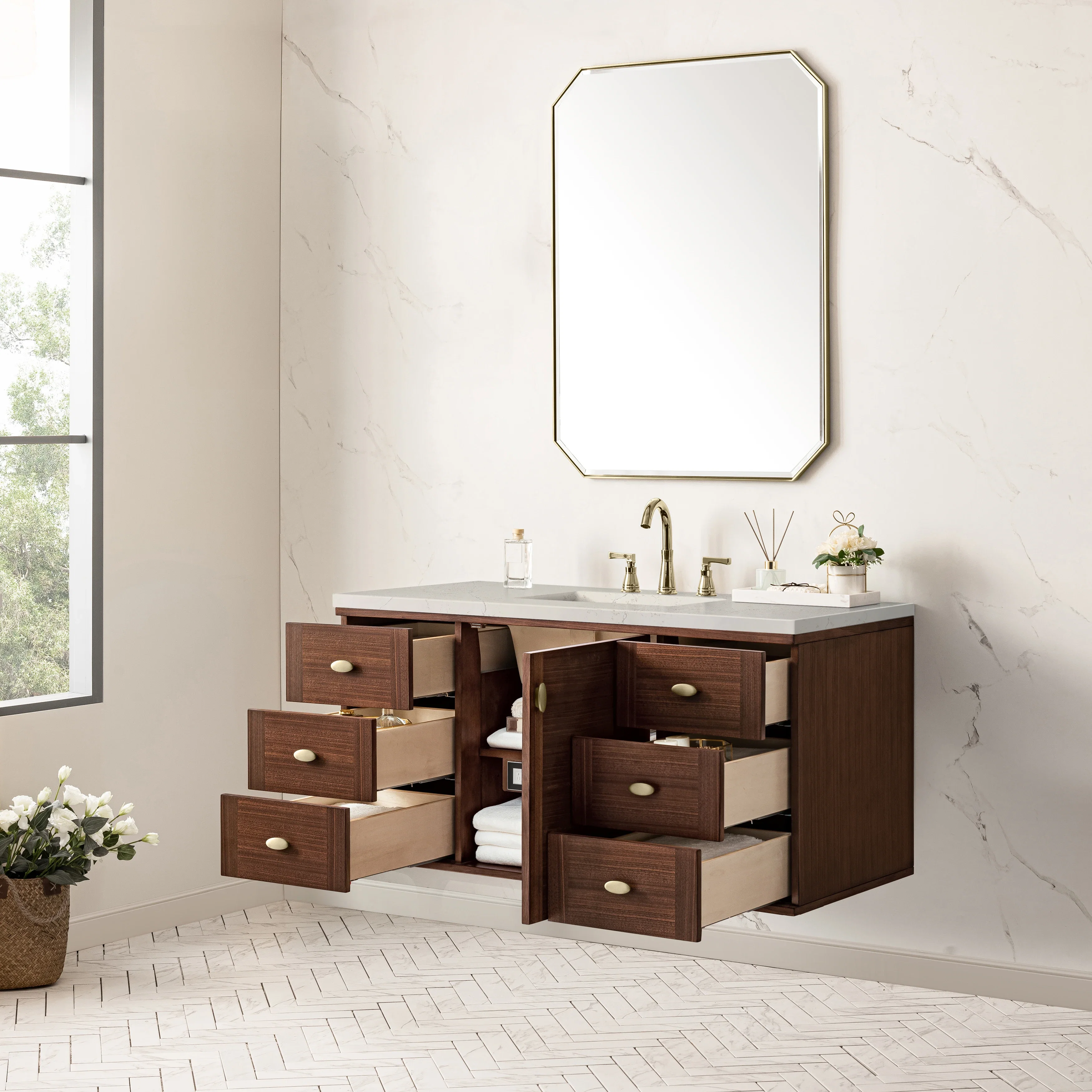 Amberly 48" Single Vanity, Mid-Century Walnut, w/ 3 CM Siberian Silestone Top