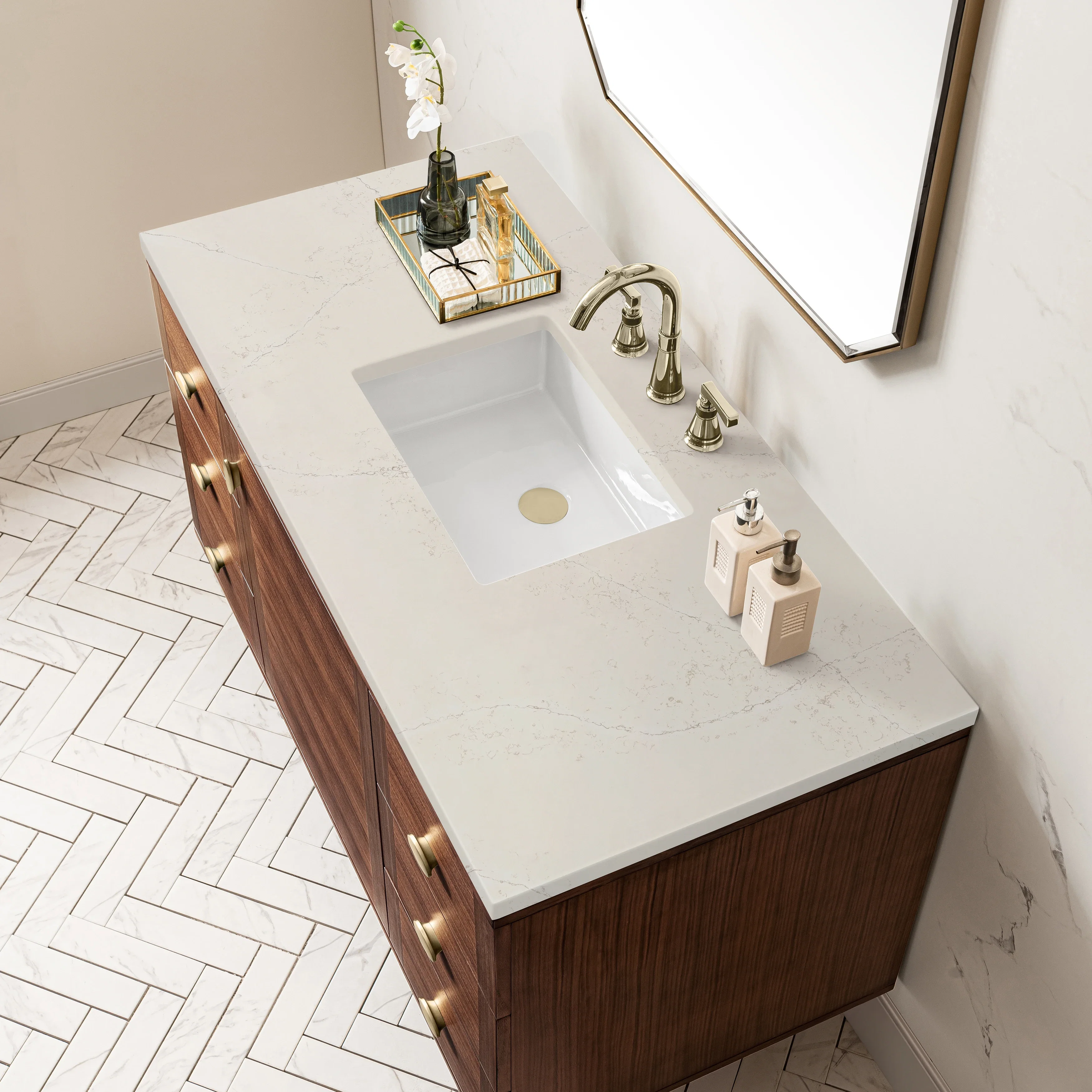 Amberly 48" Single Vanity, Mid-Century Walnut, w/ 3 CM Siberian Silestone Top