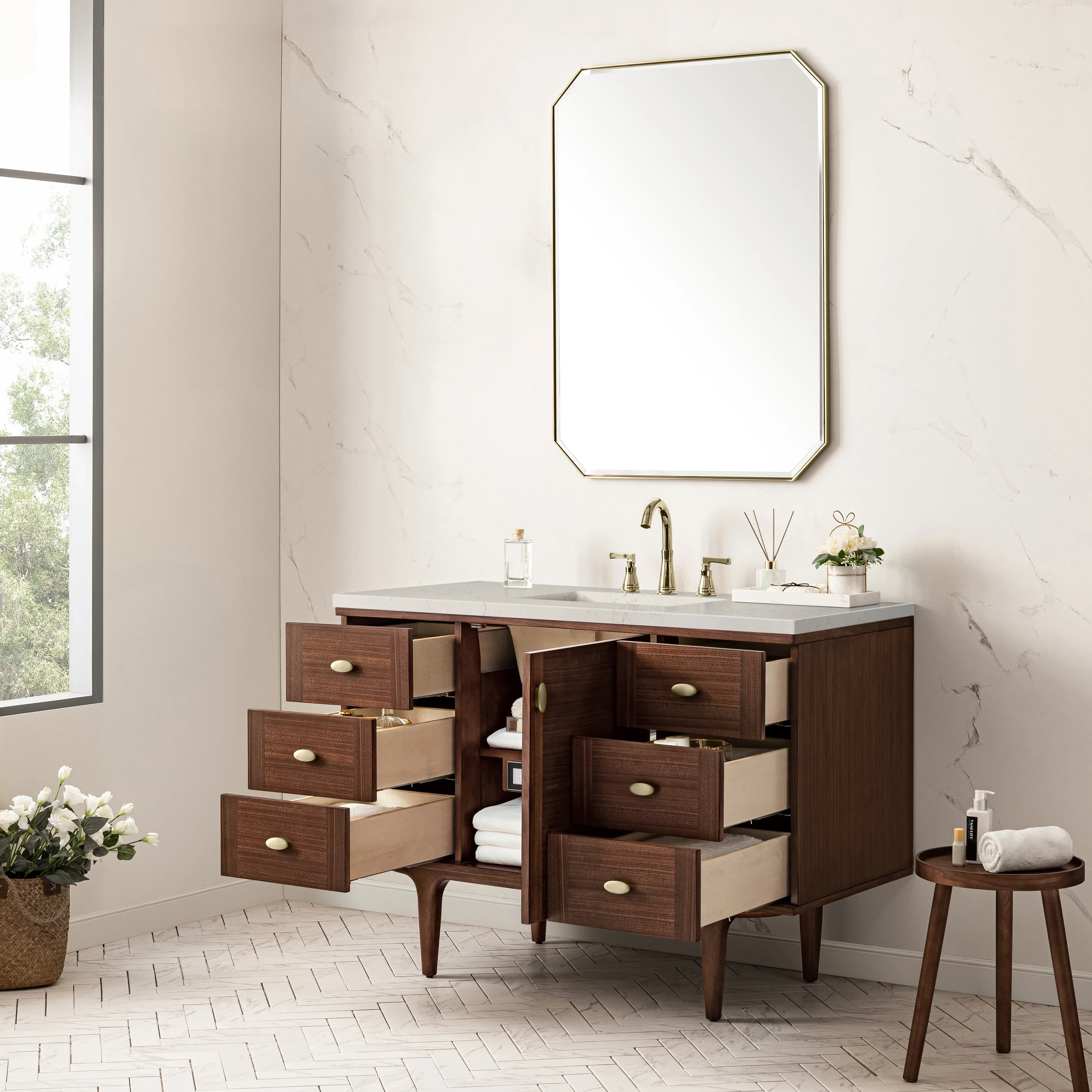 Amberly 48" Single Vanity, Mid-Century Walnut, w/ 3 CM Siberian Silestone Top
