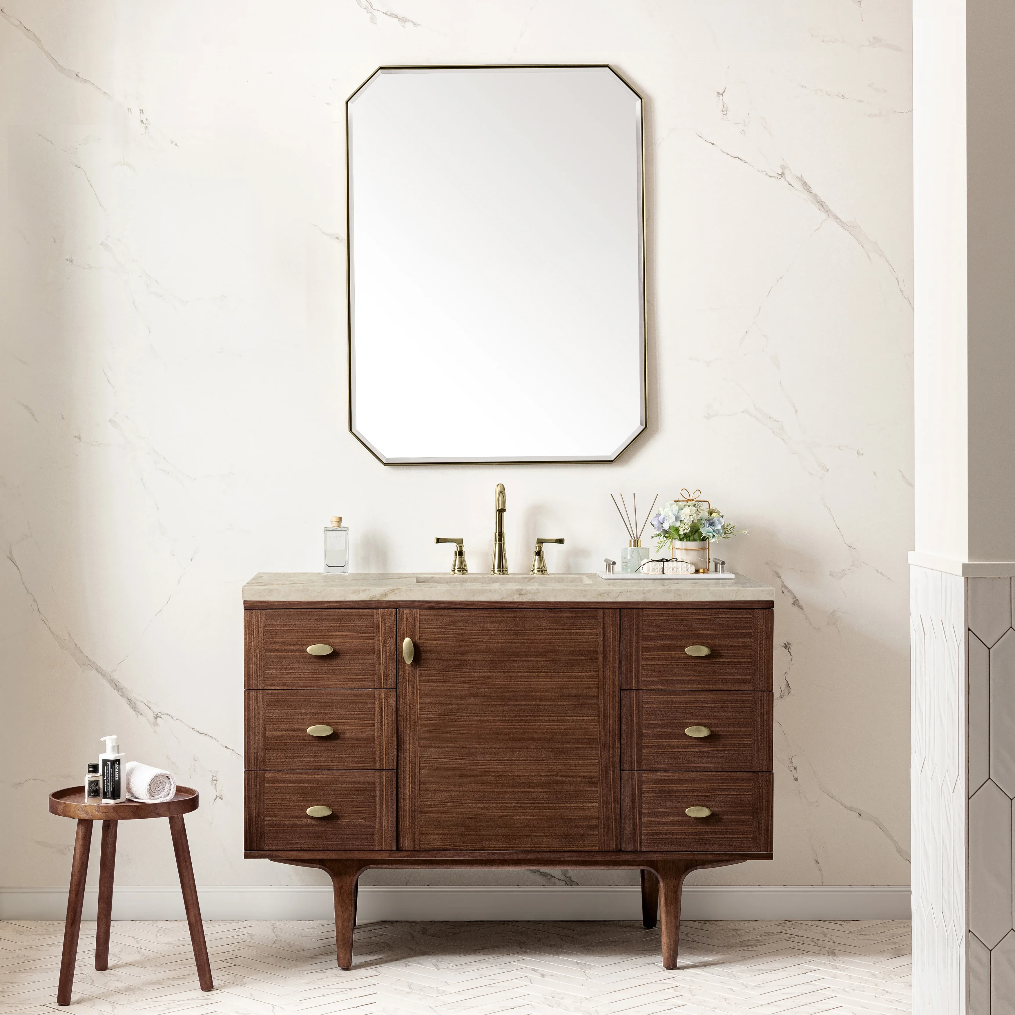Amberly 48" Single Vanity, Mid-Century Walnut, w/ 3 CM Tajnar Eclos Top
